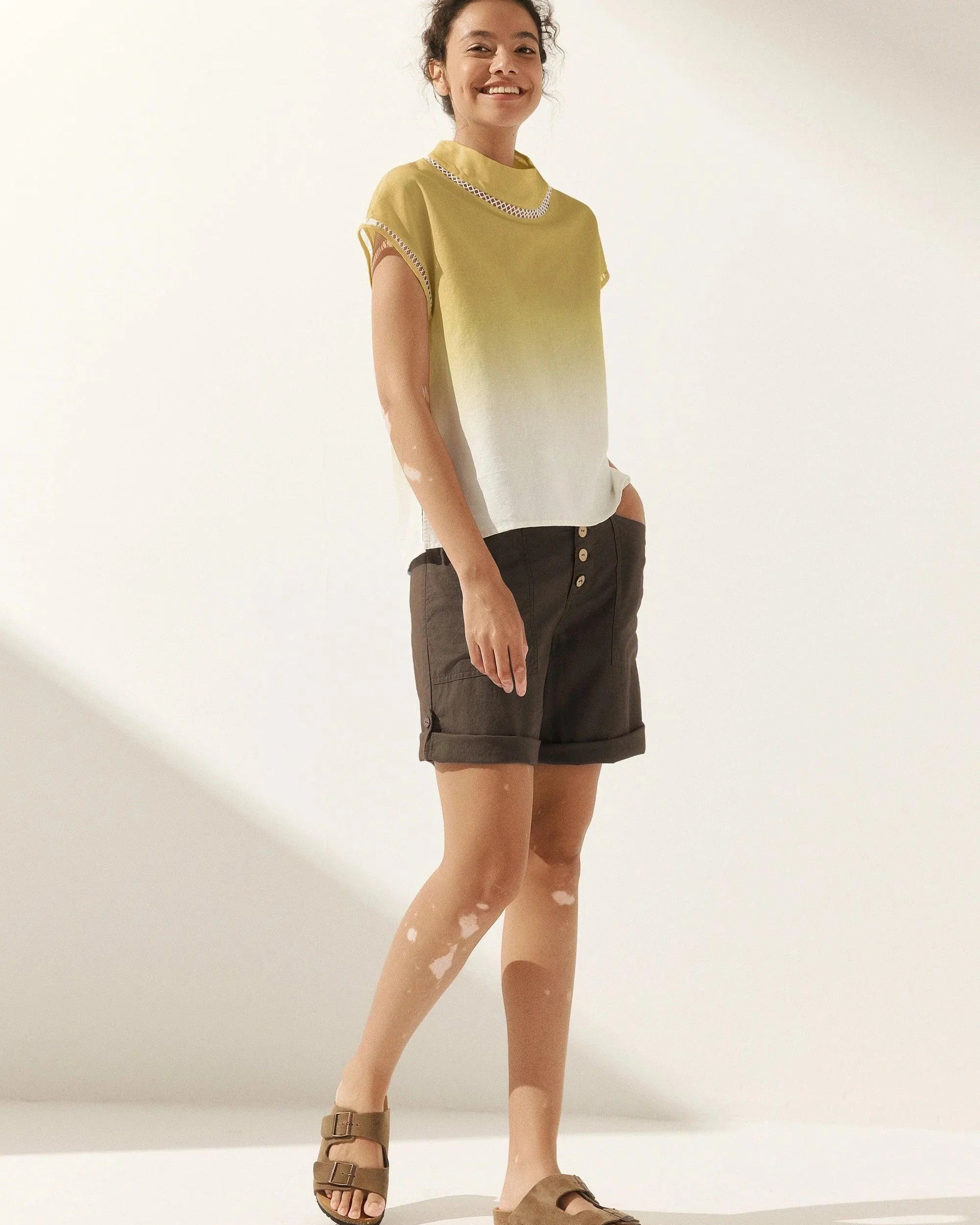 Linen Cutout Turtleneck Top - TOPS-Linen Blouses