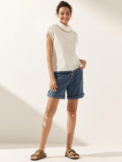 100% Linen Gingham Checked Cutout Turtleneck Top - TOPS-Linen Blouses