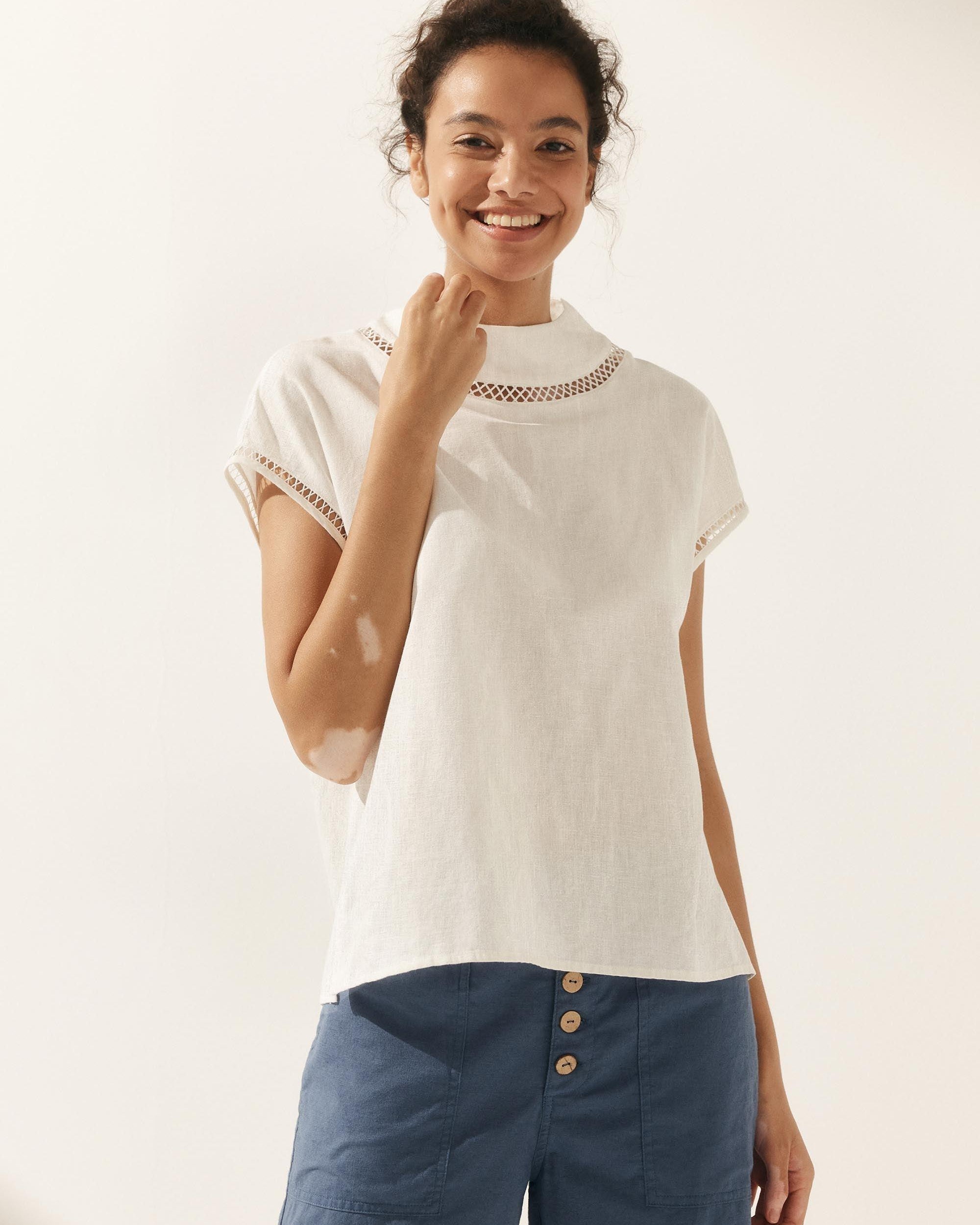 100% Linen Gingham Checked Cutout Turtleneck Top - TOPS-Linen Blouses