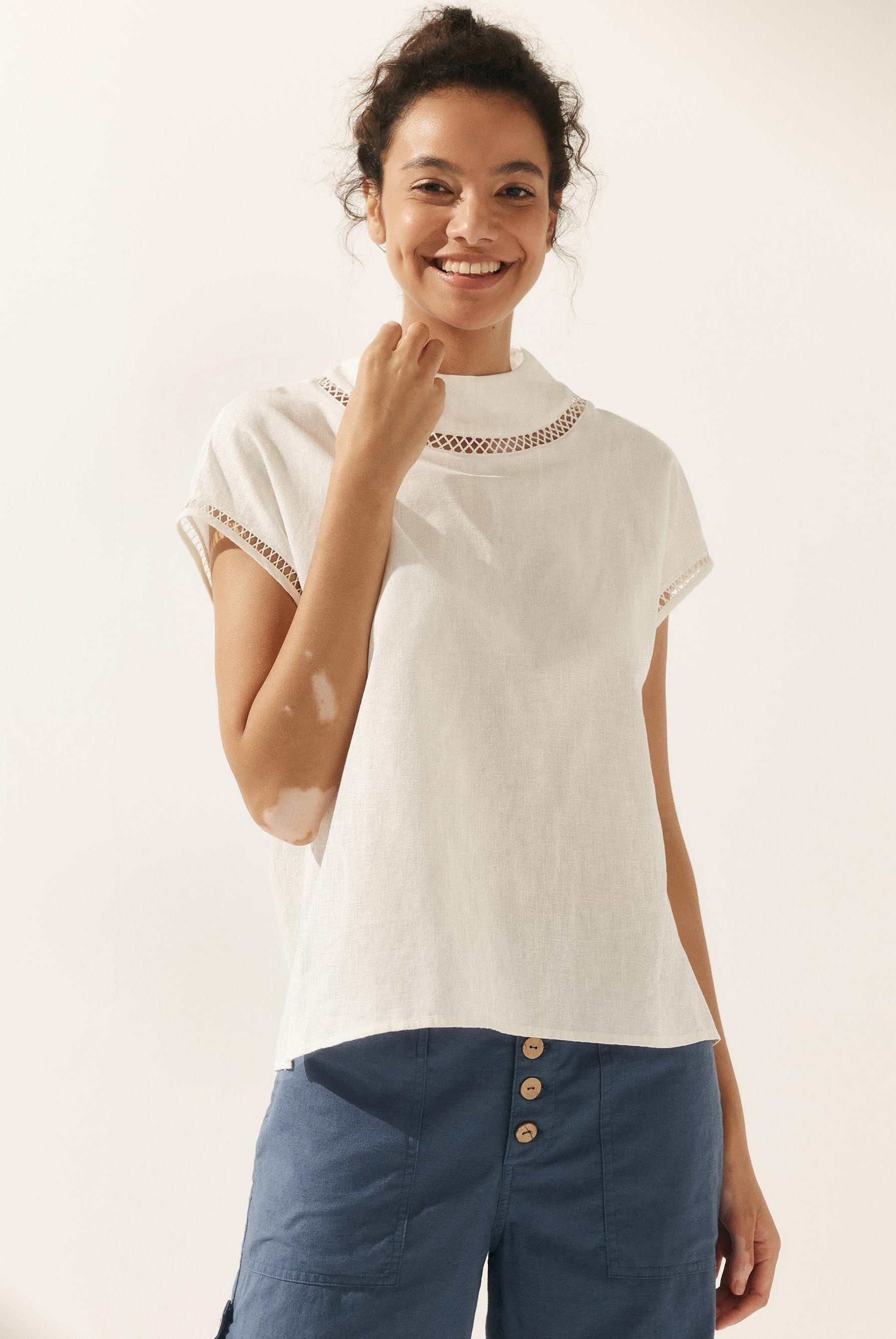 100% Linen Gingham Checked Cutout Turtleneck Top - TOPS-Linen Blouses