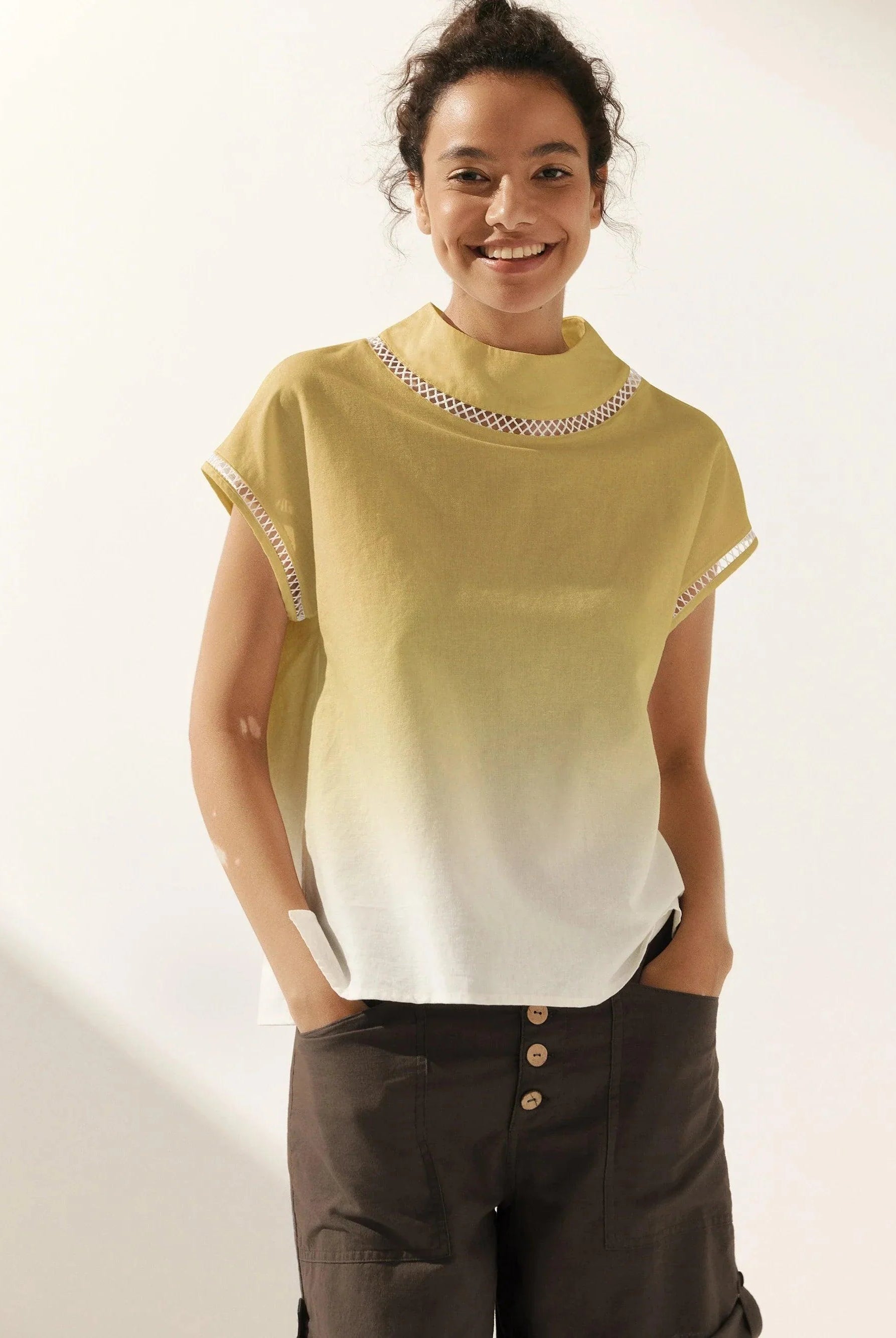 100% Linen Gingham Checked Cutout Turtleneck Top - TOPS-Linen Blouses