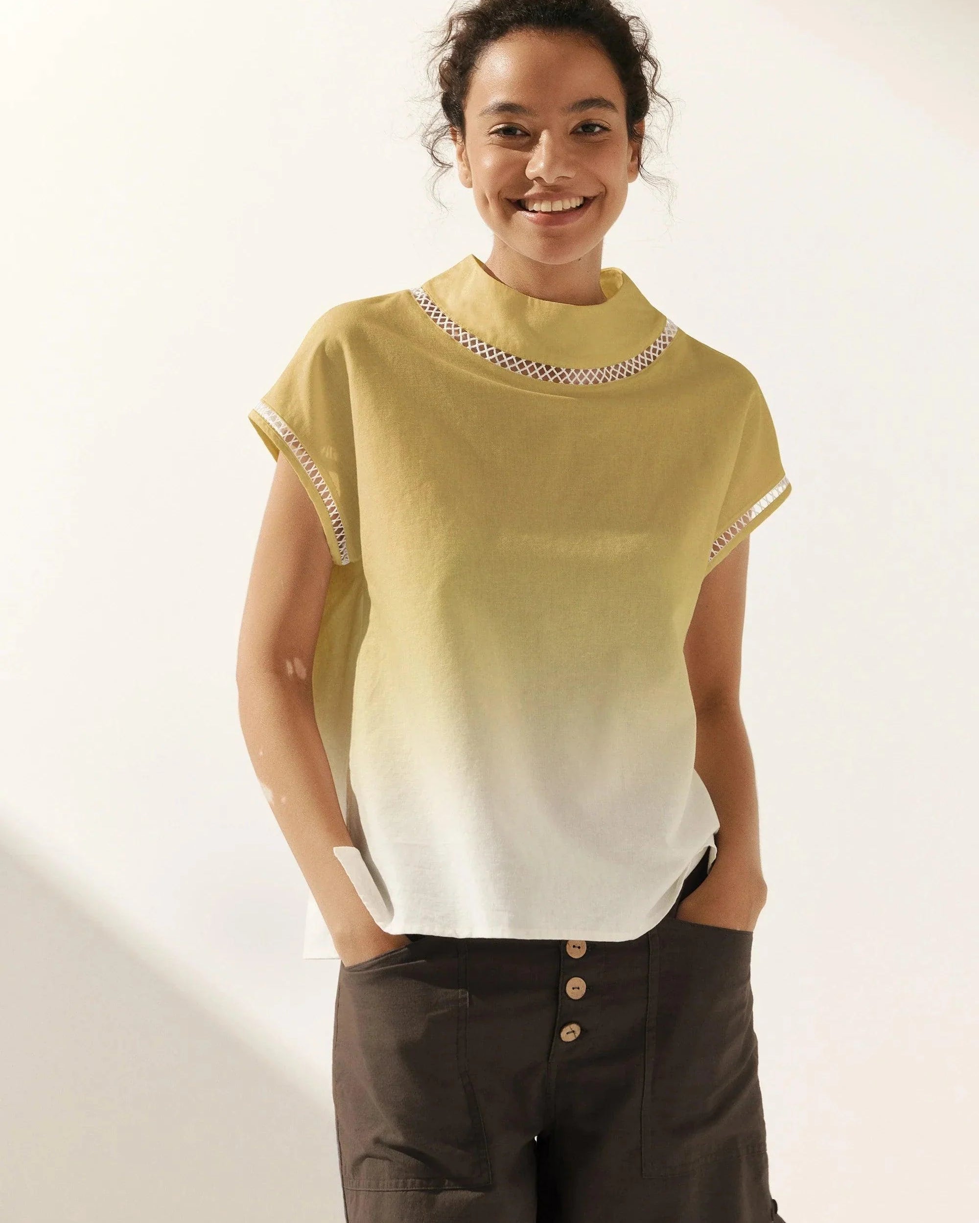 Linen Cutout Turtleneck Top - TOPS-Linen Blouses