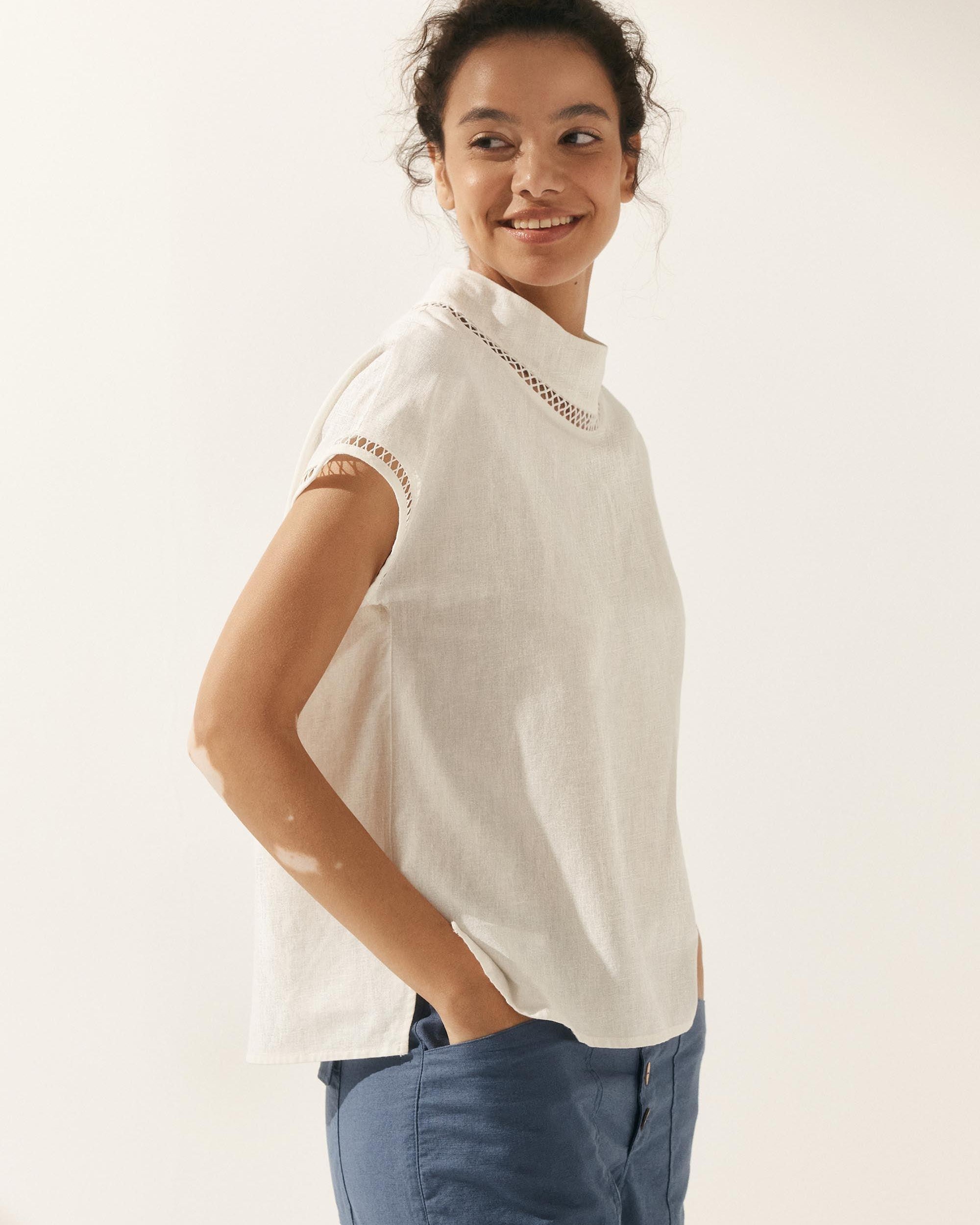 100% Linen Gingham Checked Cutout Turtleneck Top - TOPS-Linen Blouses