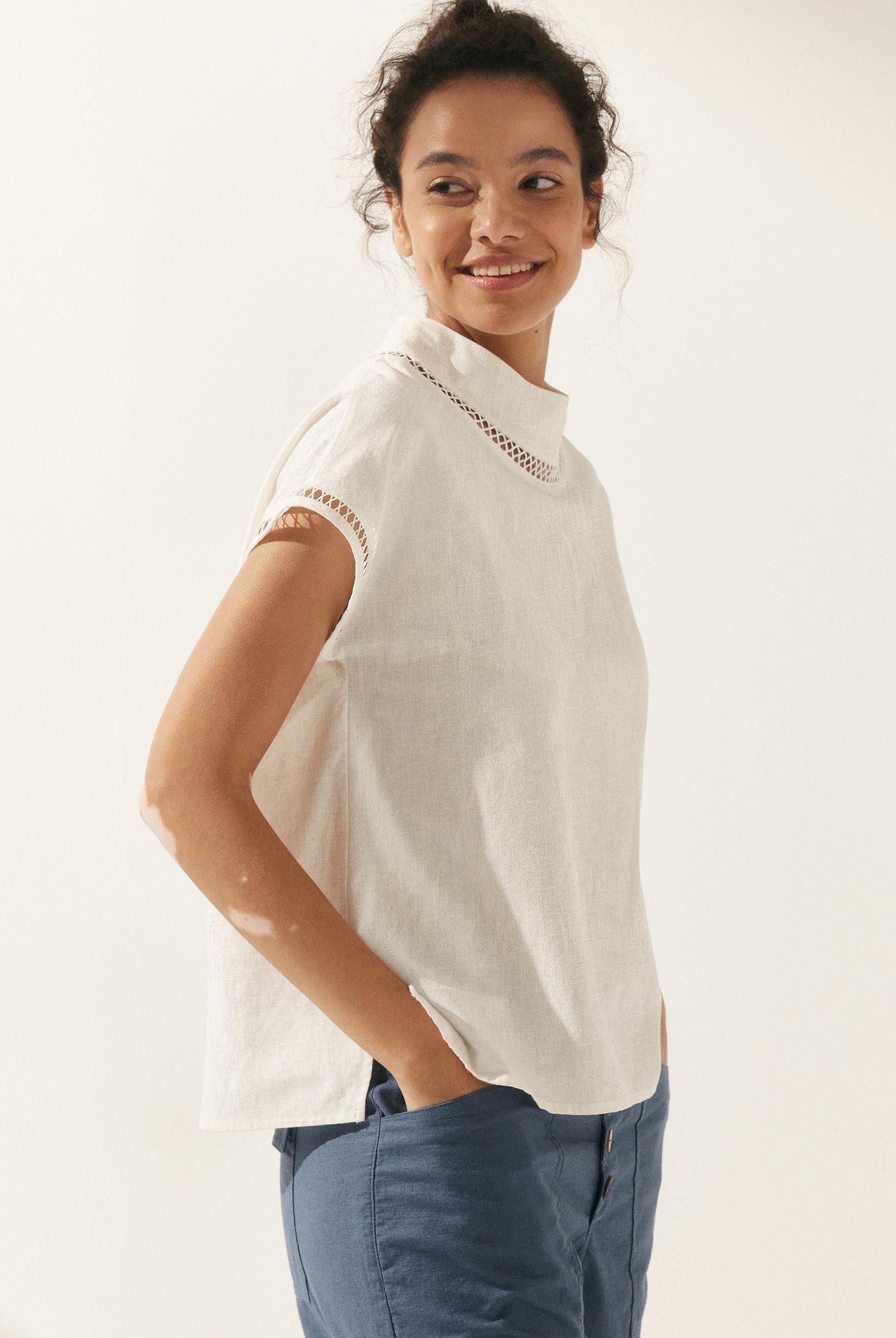 100% Linen Gingham Checked Cutout Turtleneck Top - TOPS-Linen Blouses