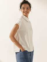 100% Linen Gingham Checked Cutout Turtleneck Top - TOPS-Linen Blouses