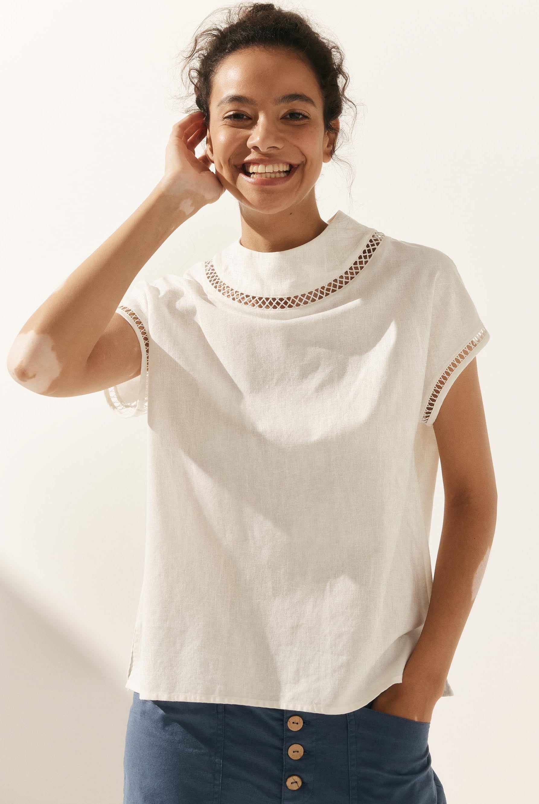 Linen Cutout Turtleneck Top - Optic White / XS - TOPS-Linen Blouses