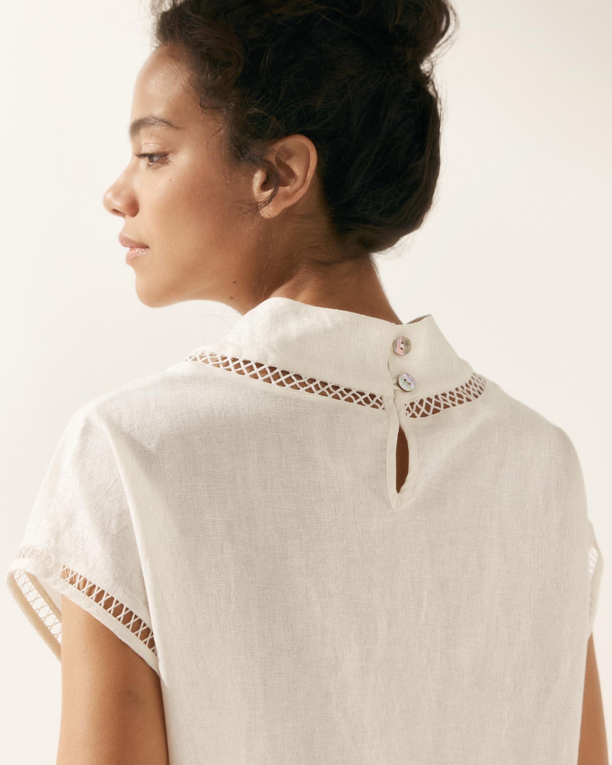 Linen Cutout Turtleneck Top - TOPS-Linen Blouses