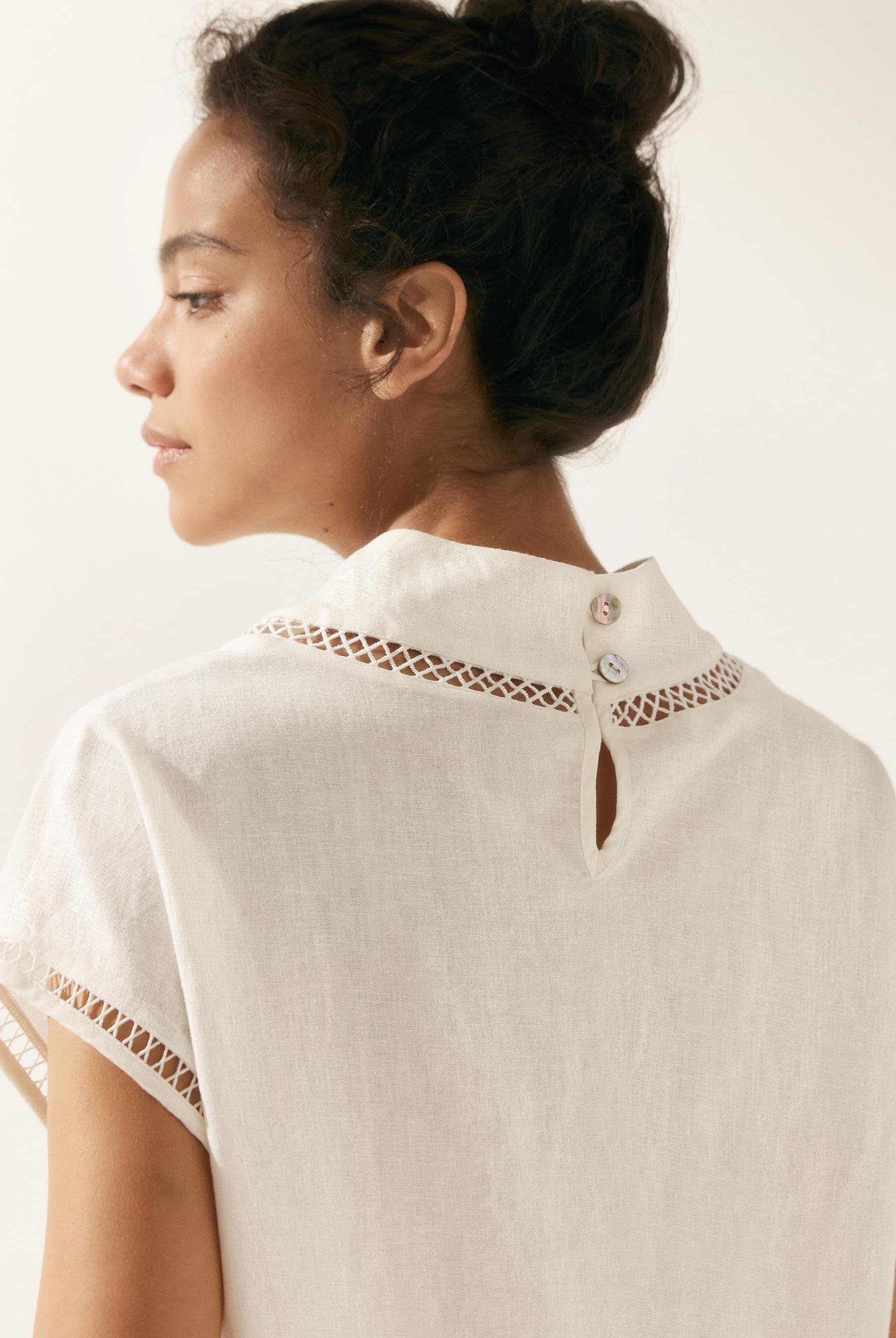 100% Linen Gingham Checked Cutout Turtleneck Top - TOPS-Linen Blouses