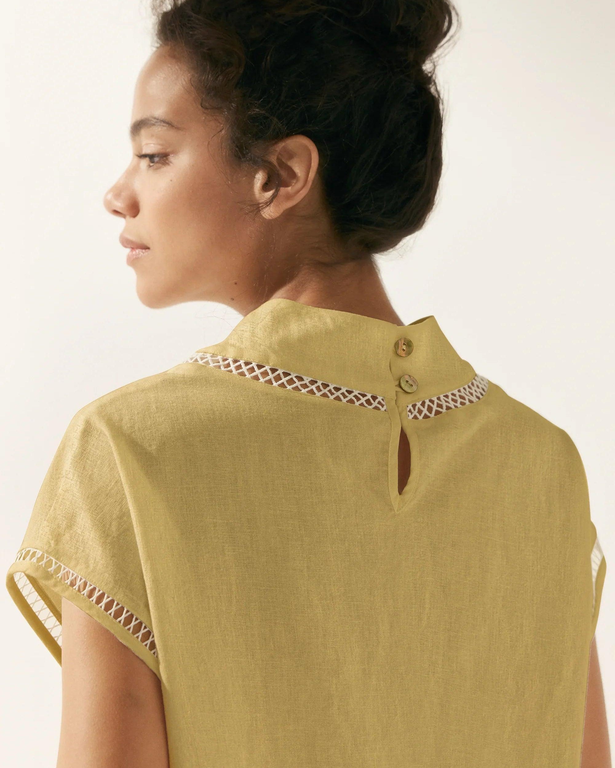Linen Cutout Turtleneck Top - TOPS-Linen Blouses