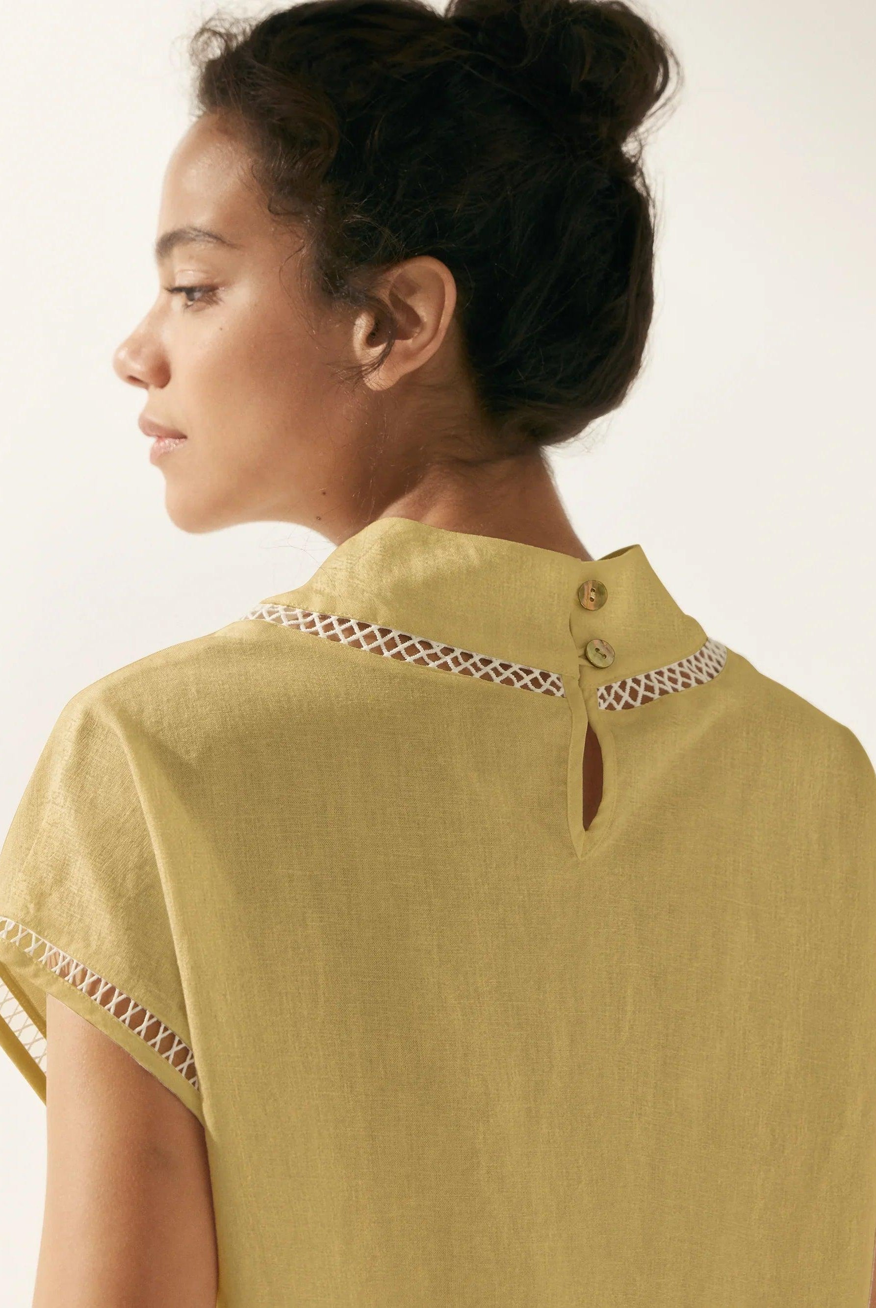 100% Linen Gingham Checked Cutout Turtleneck Top - TOPS-Linen Blouses