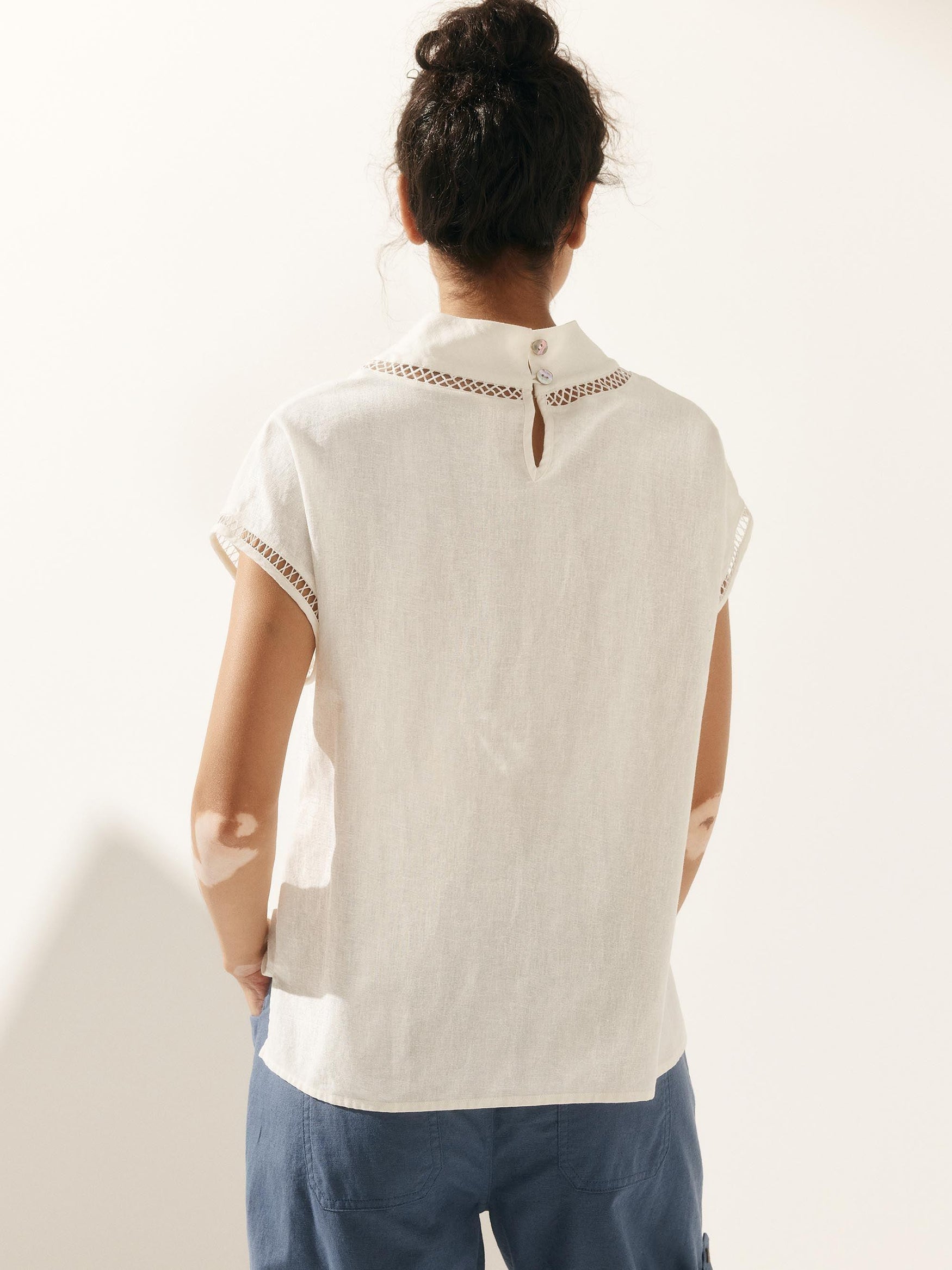 100% Linen Gingham Checked Cutout Turtleneck Top - TOPS-Linen Blouses