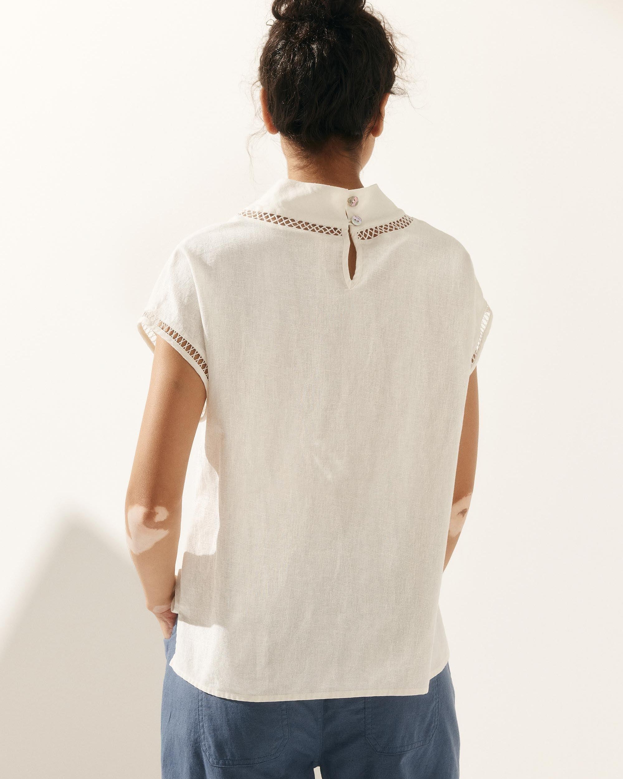 Linen Cutout Turtleneck Top - TOPS-Linen Blouses