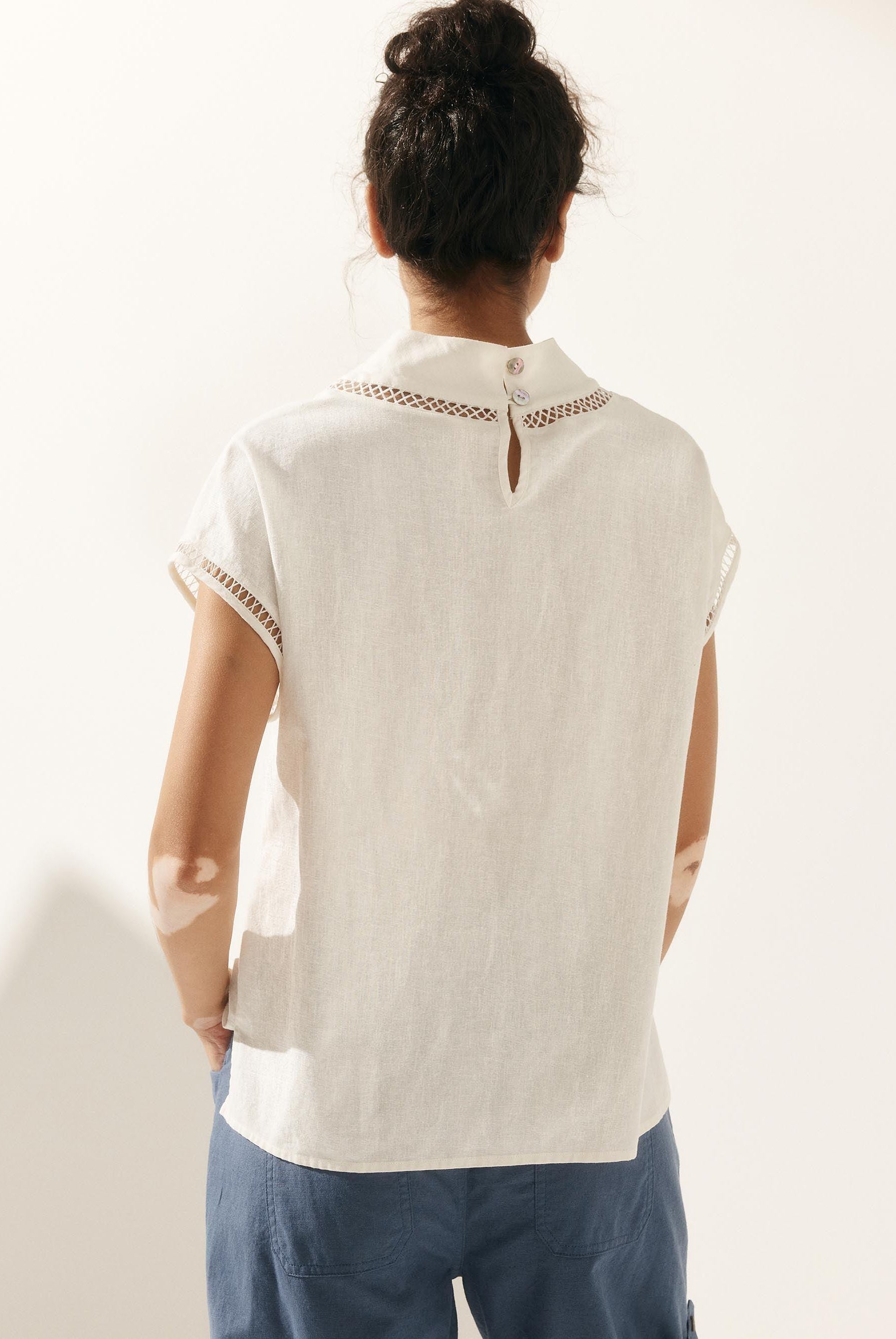 Linen Cutout Turtleneck Top - TOPS-Linen Blouses