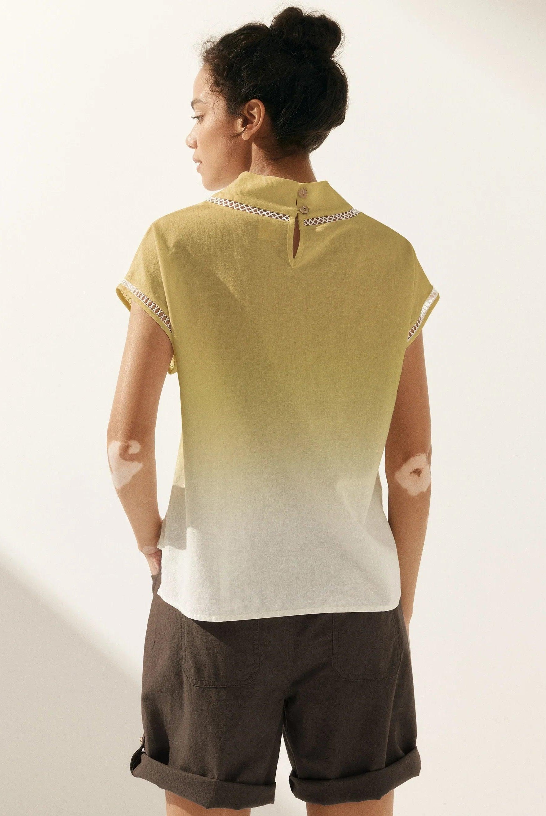 100% Linen Gingham Checked Cutout Turtleneck Top - TOPS-Linen Blouses