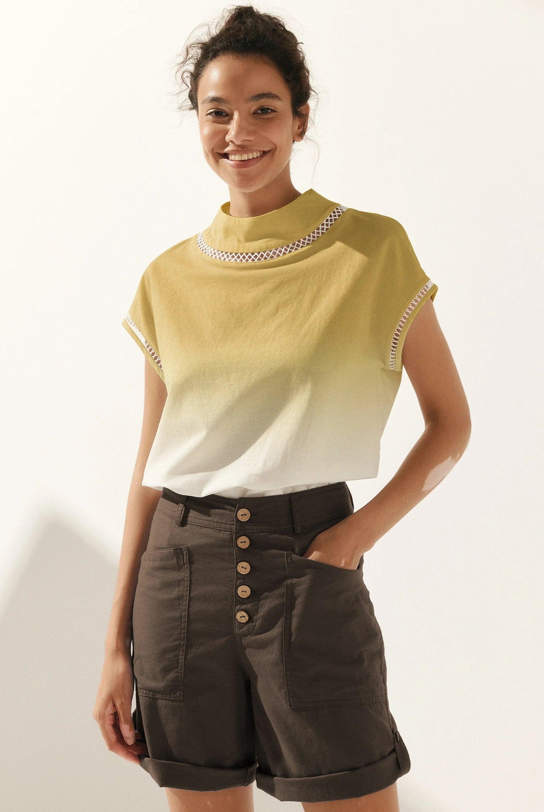 100% Linen Gingham Checked Cutout Turtleneck Top - Sunset Yellow / XS - TOPS-Linen Blouses