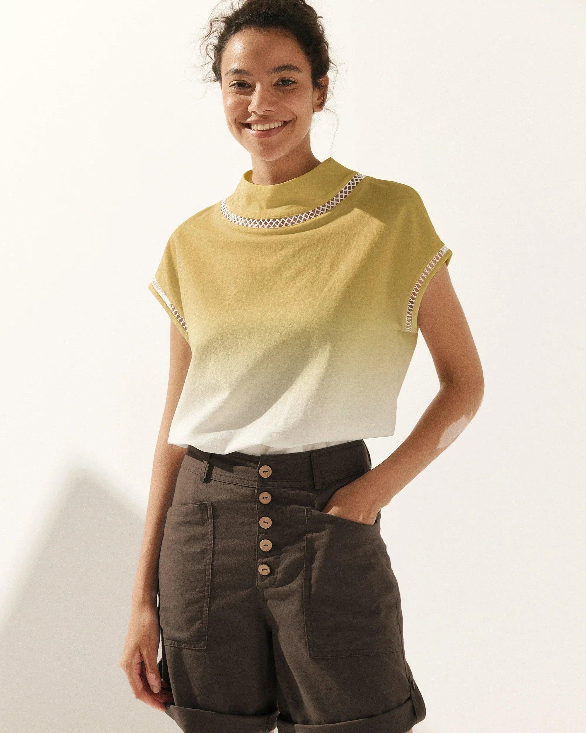 Linen Cutout Turtleneck Top - Sunset Yellow / XS - TOPS-Linen Blouses