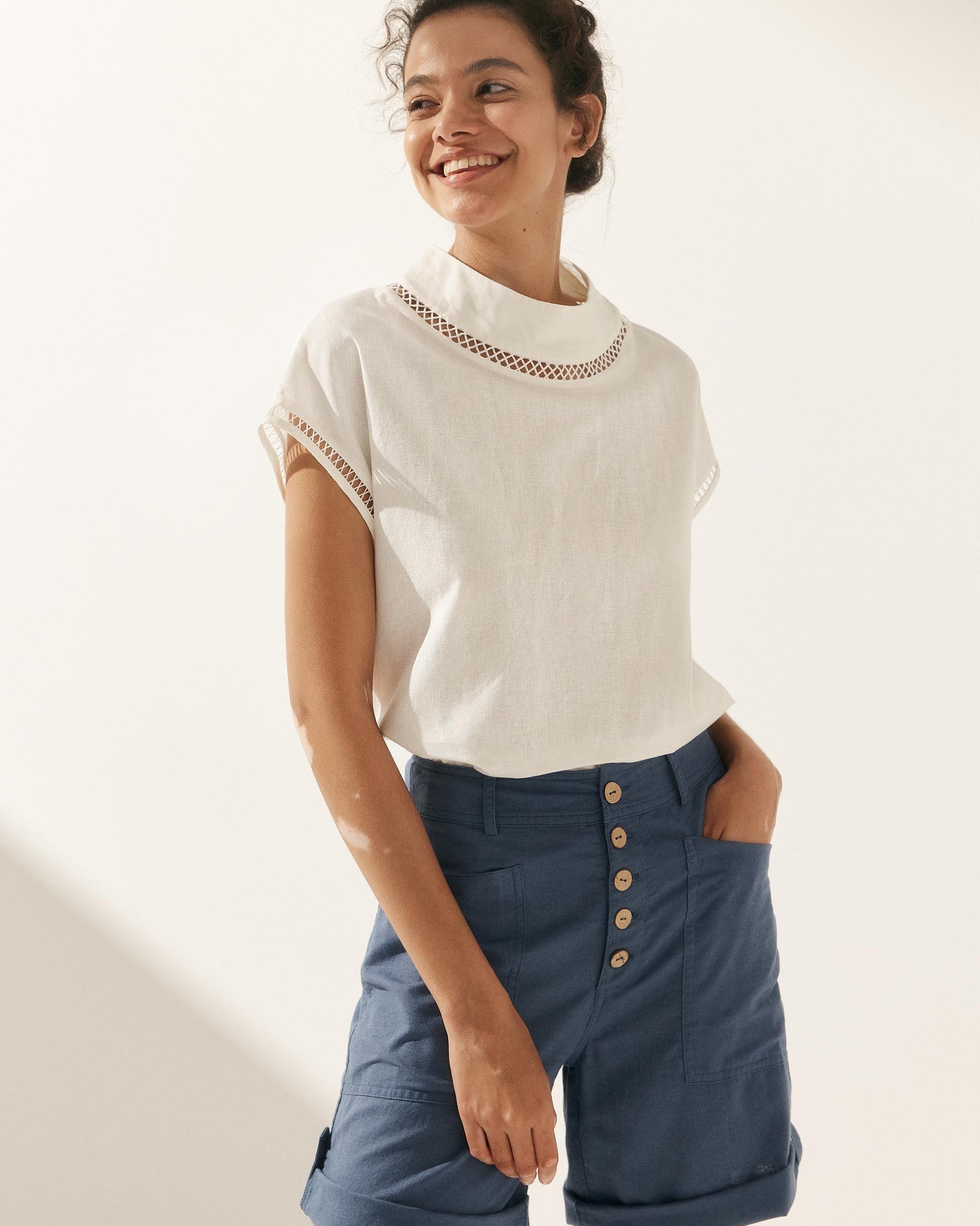 100% Linen Gingham Checked Cutout Turtleneck Top - TOPS-Linen Blouses