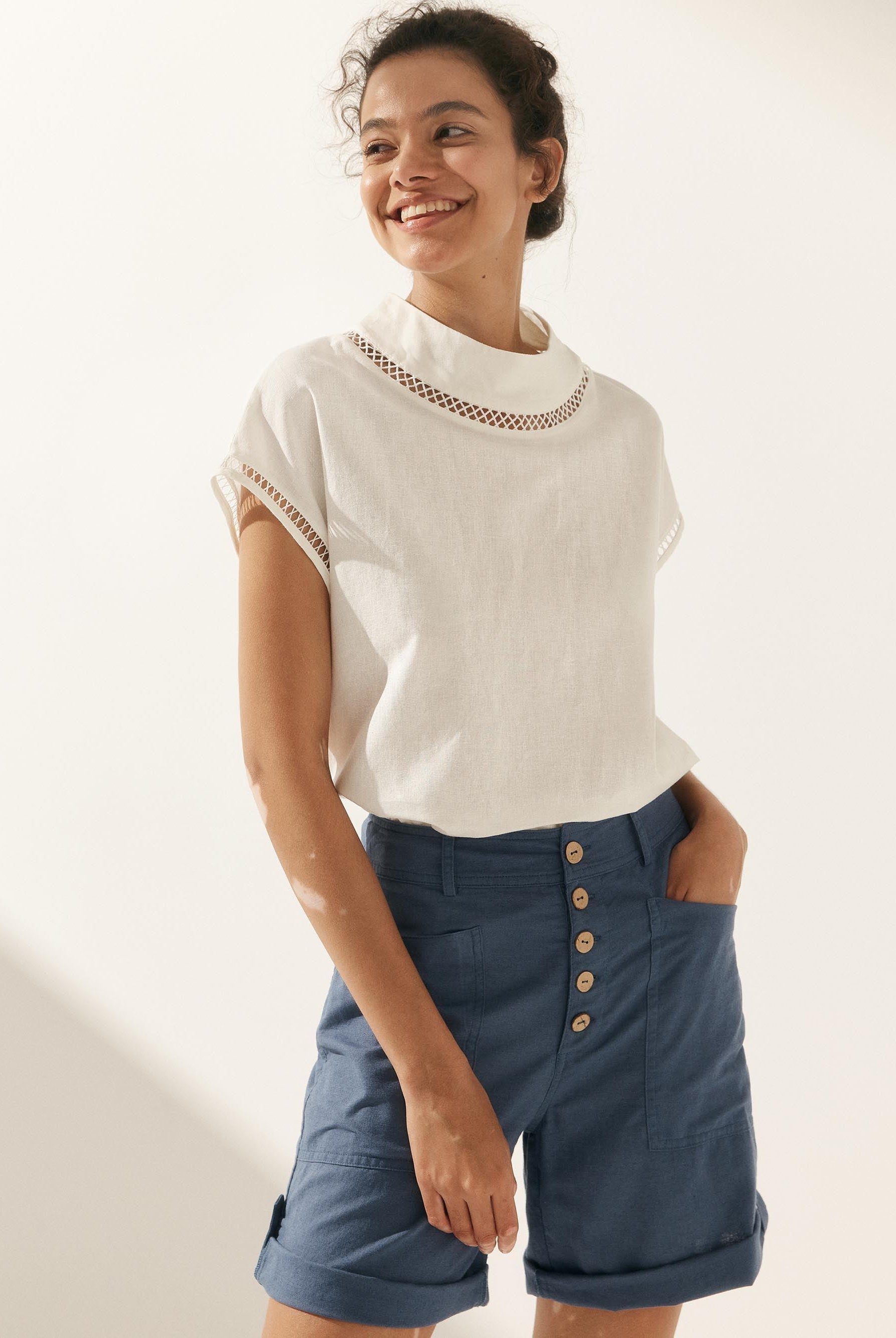 Linen Cutout Turtleneck Top - TOPS-Linen Blouses