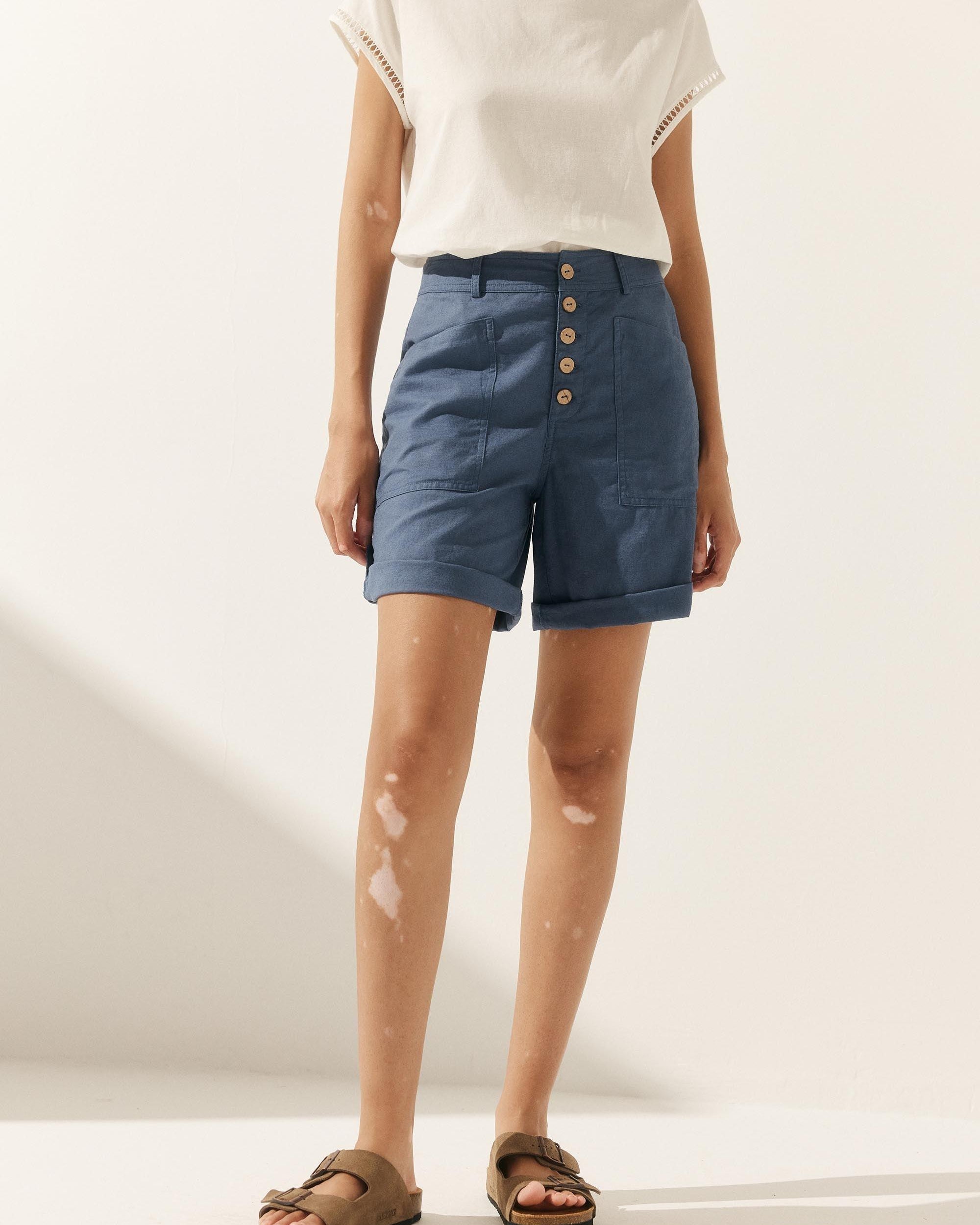 Linen Button-Fly Quarter Shorts LUCY - BOTTOMS-Linen