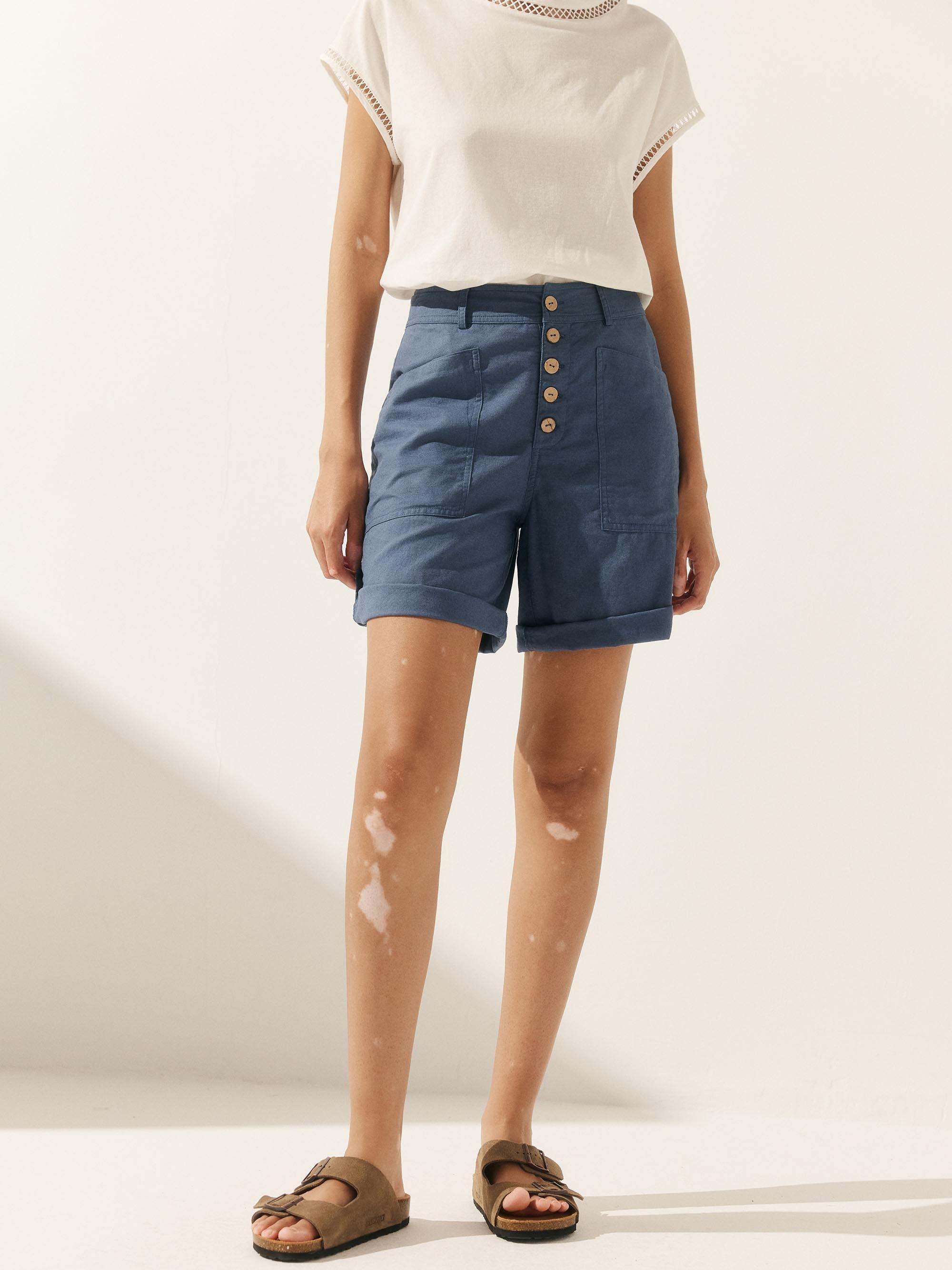 Linen Button-Fly Quarter Shorts LUCY - BOTTOMS-Linen