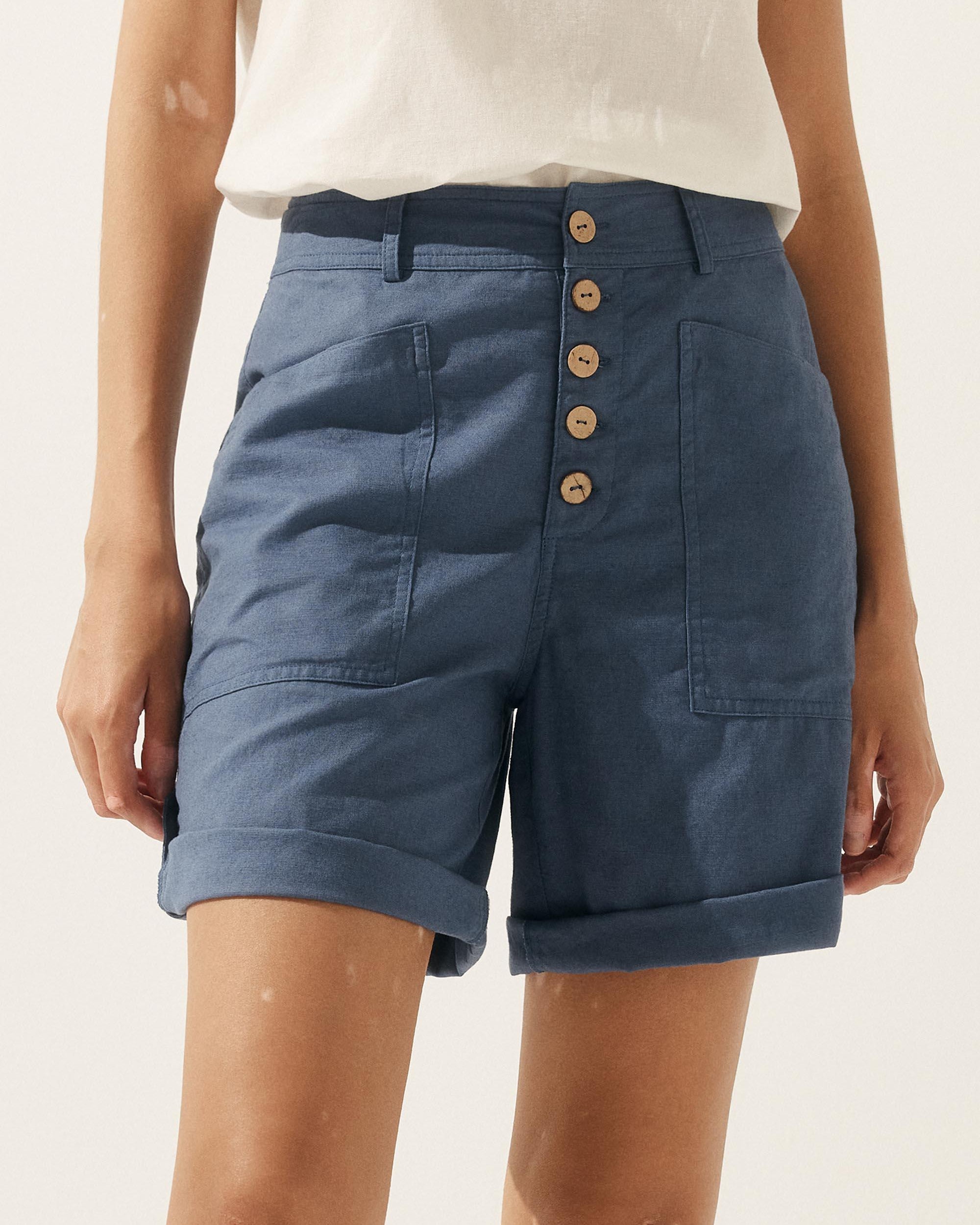 Linen Button-Fly Quarter Shorts LUCY - Dusty Blue / S - BOTTOMS-Linen