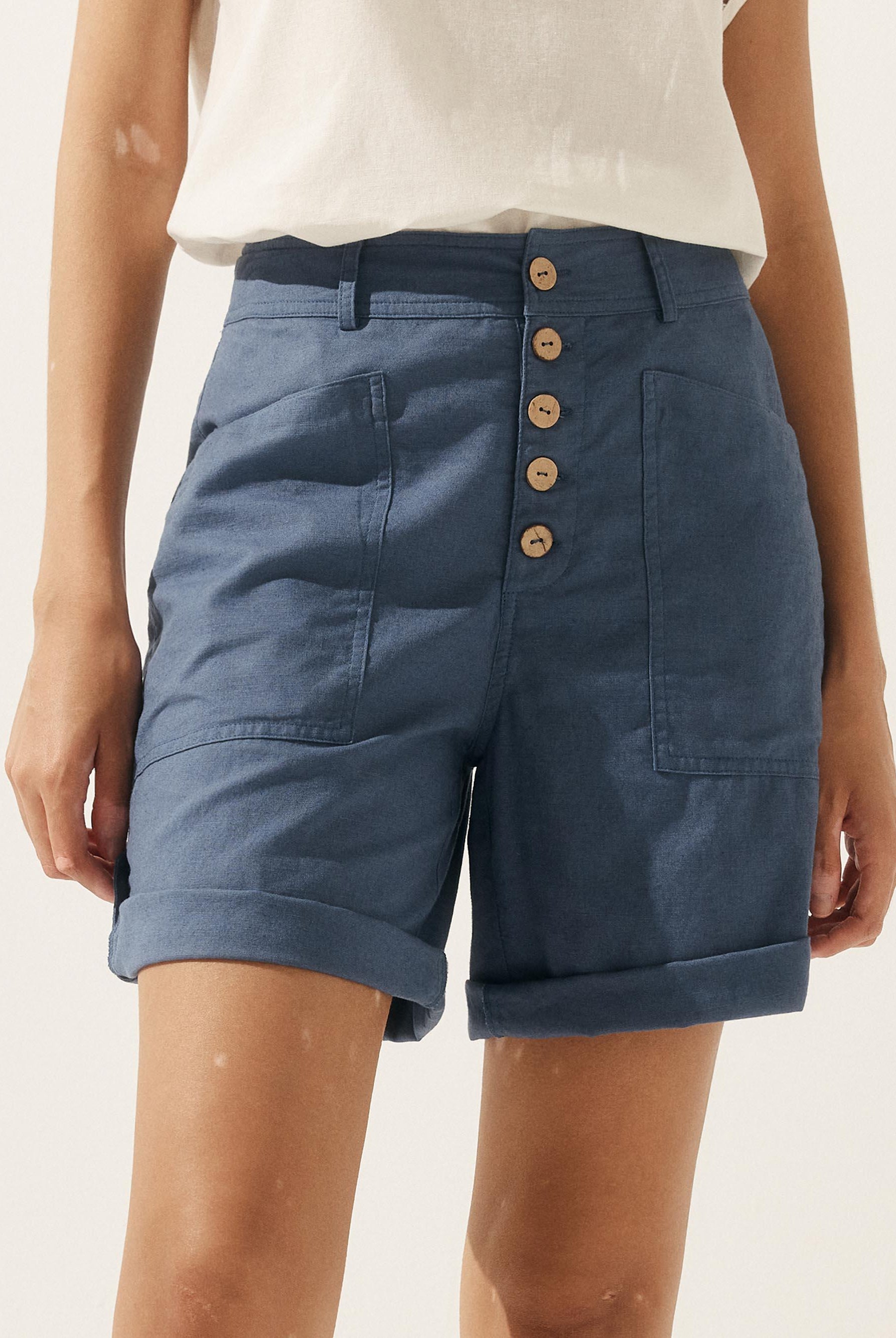 Linen Button-Fly Quarter Shorts LUCY - Dusty Blue / S - BOTTOMS-Linen