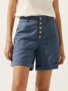 Linen Button-Fly Quarter Shorts LUCY - Dusty Blue / S - BOTTOMS-Linen