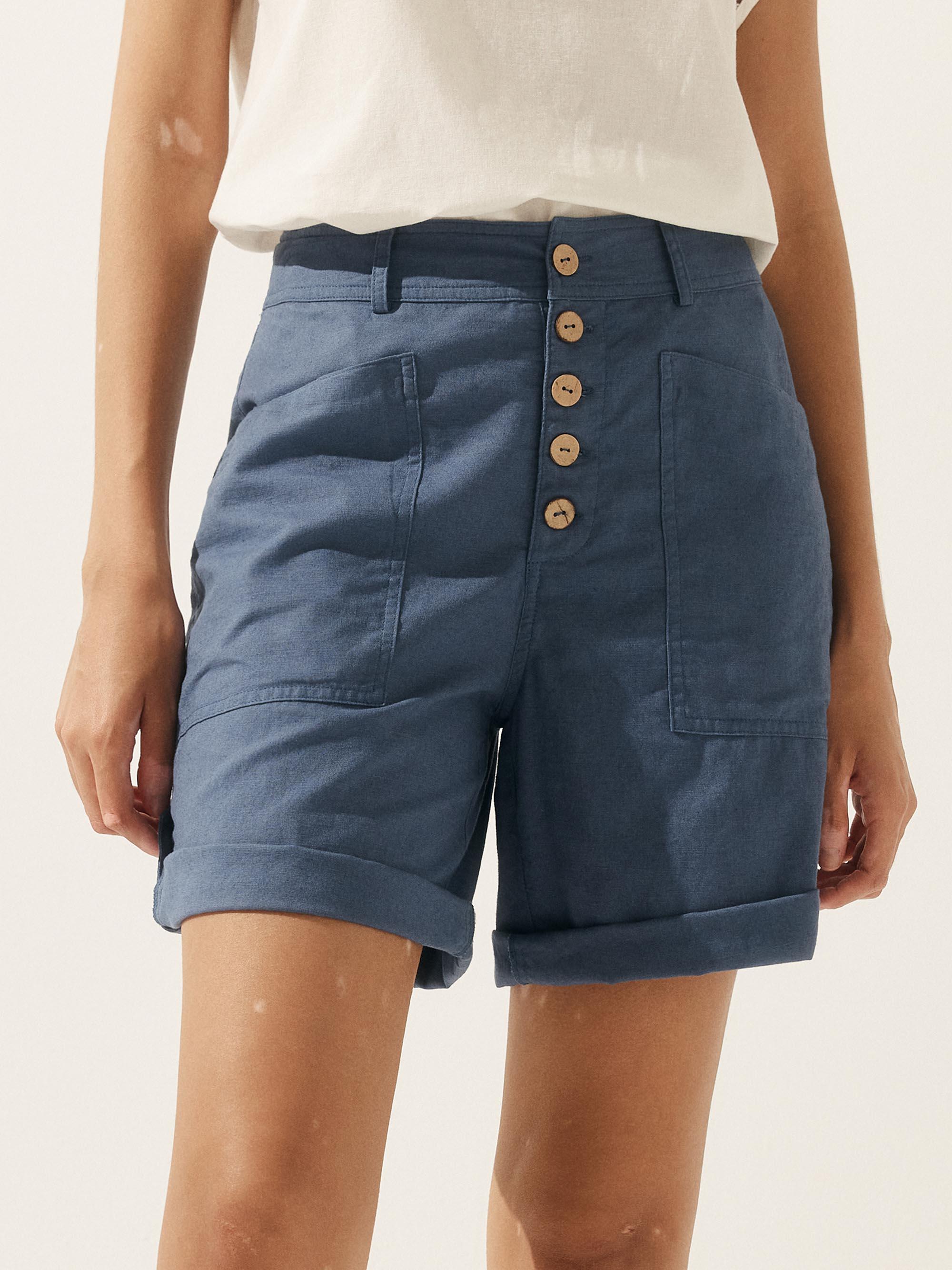 Linen Button-Fly Quarter Shorts LUCY - Dusty Blue / S - BOTTOMS-Linen