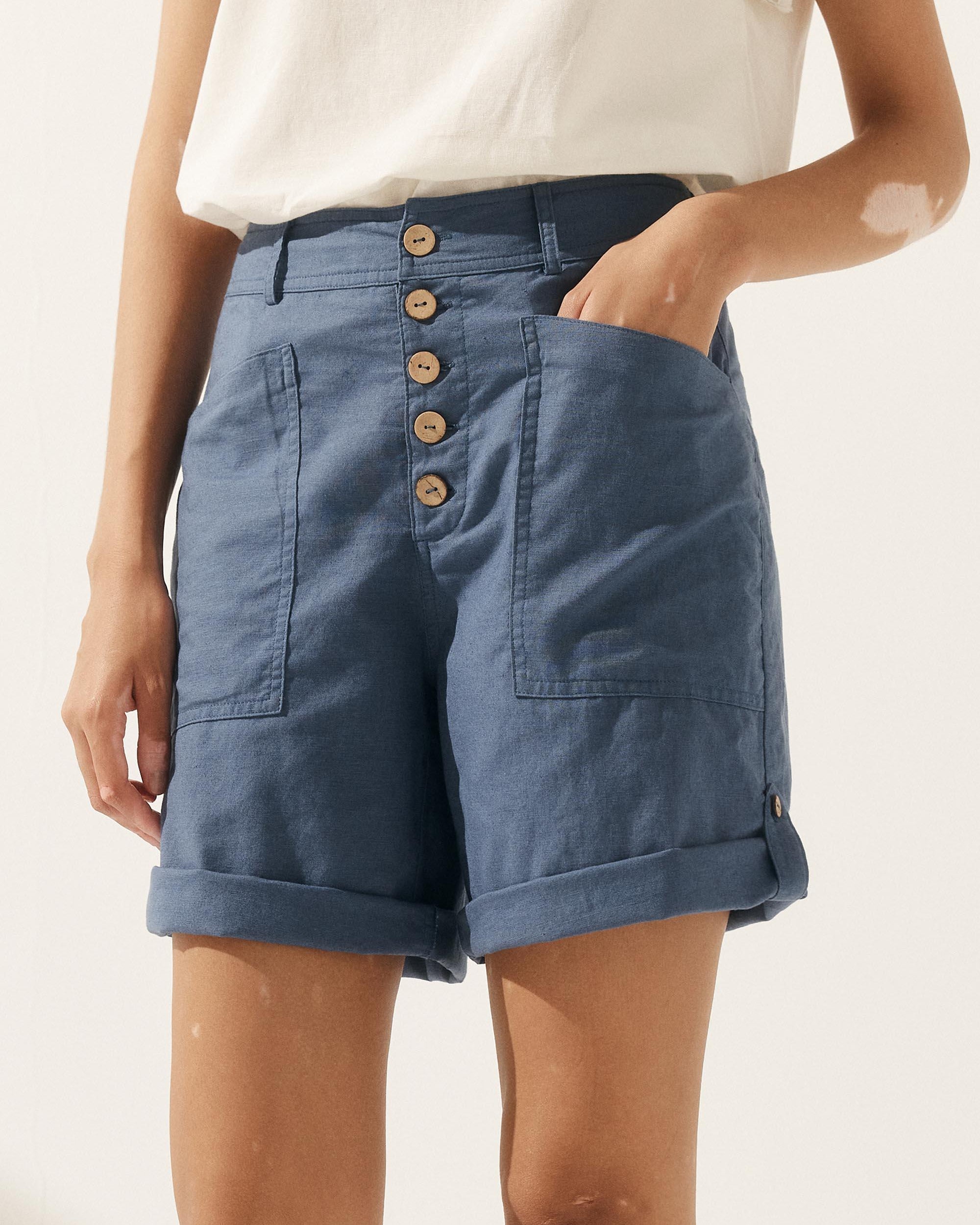 Linen Button-Fly Quarter Shorts LUCY - BOTTOMS-Linen