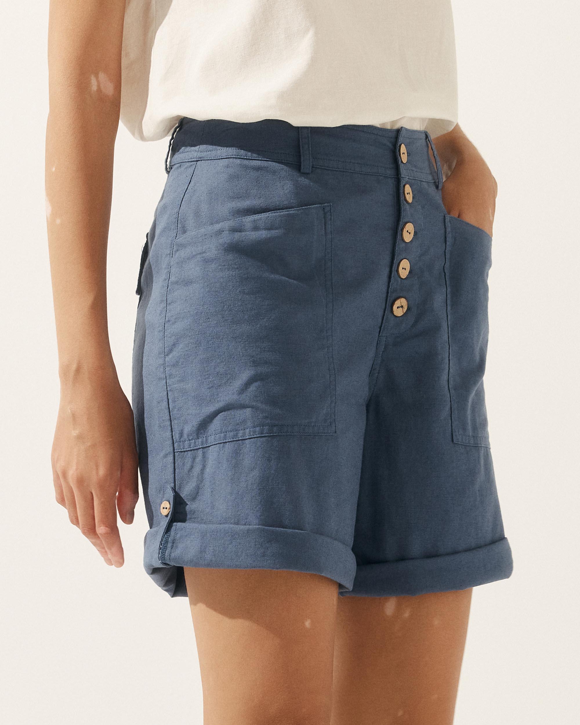 Linen Button-Fly Quarter Shorts LUCY - BOTTOMS-Linen