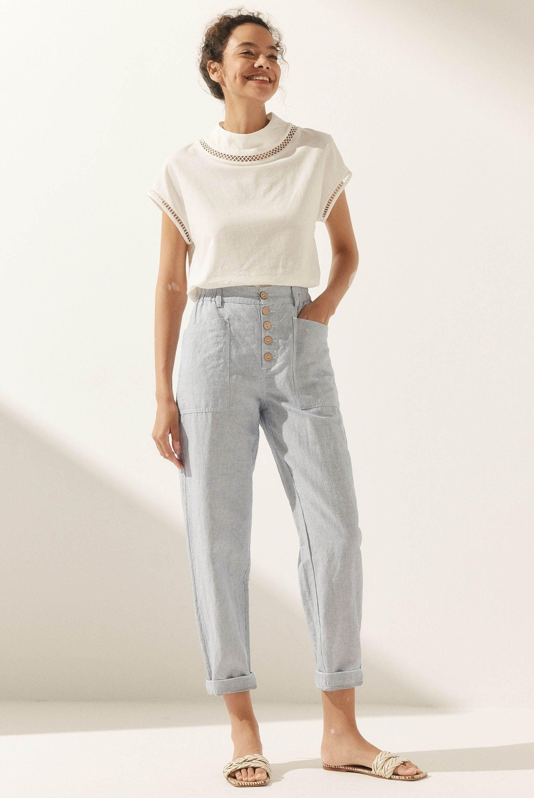 HEIDI Linen Simple Button Fly Trousers - BOTTOMS-Linen Pants