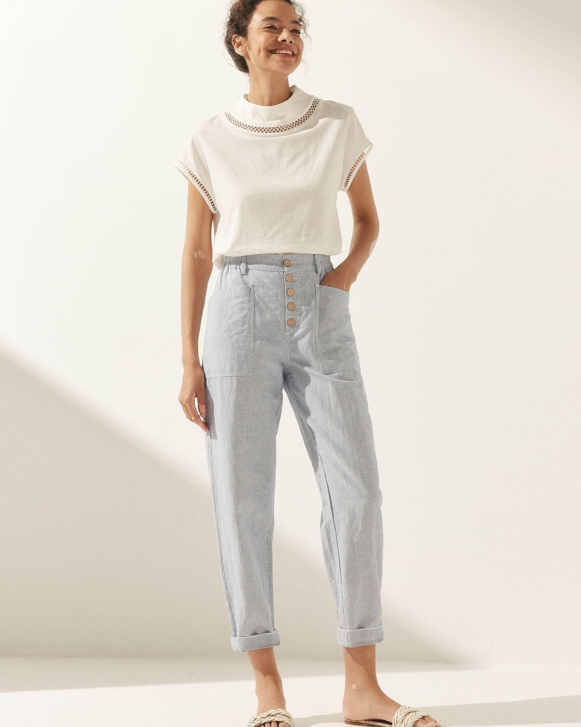 Linen Simple Button Fly Trousers HEIDI - BOTTOMS-Linen Pants