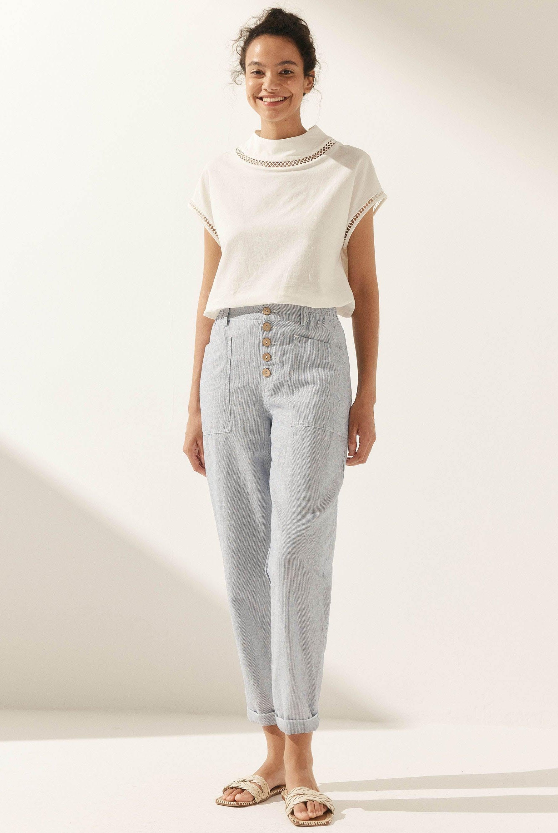 Linen Simple Button Fly Trousers HEIDI - BOTTOMS-Linen Pants