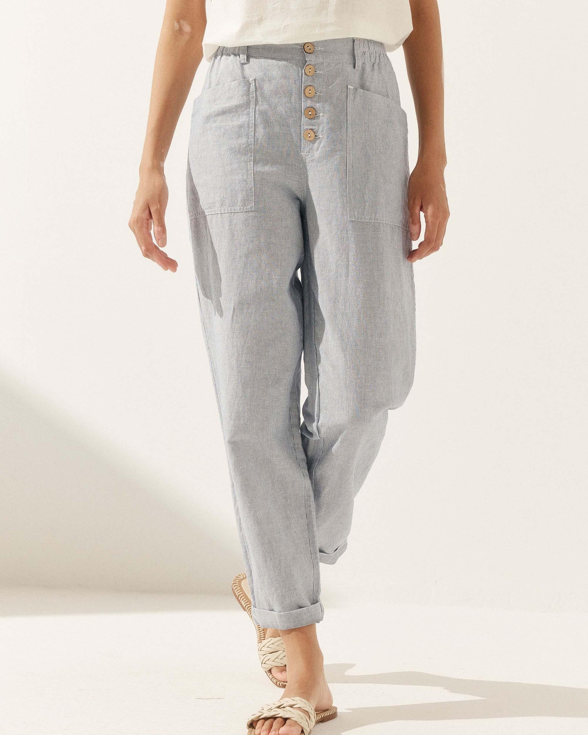 Linen Simple Button Fly Trousers HEIDI - Denim Pinstripe / XS - BOTTOMS-Linen Pants