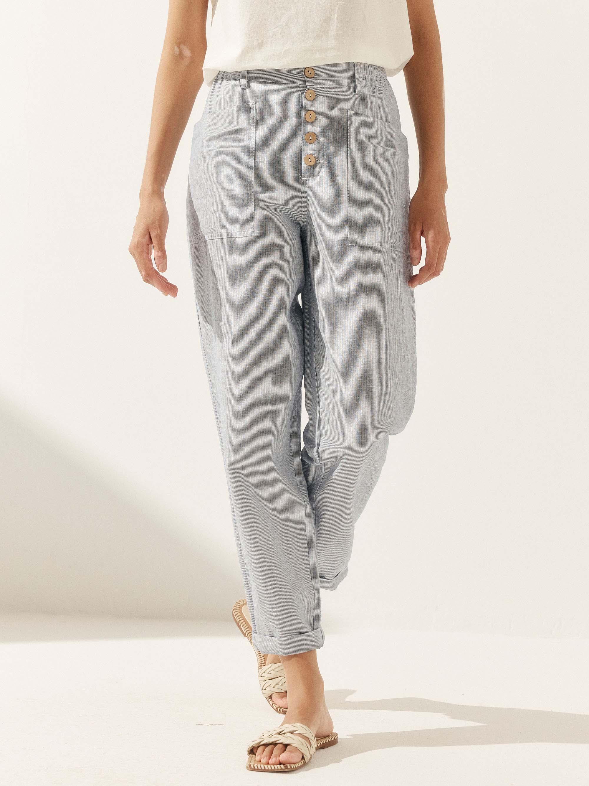 Linen Simple Button Fly Trousers HEIDI - Denim Pinstripe / XS - BOTTOMS-Linen Pants