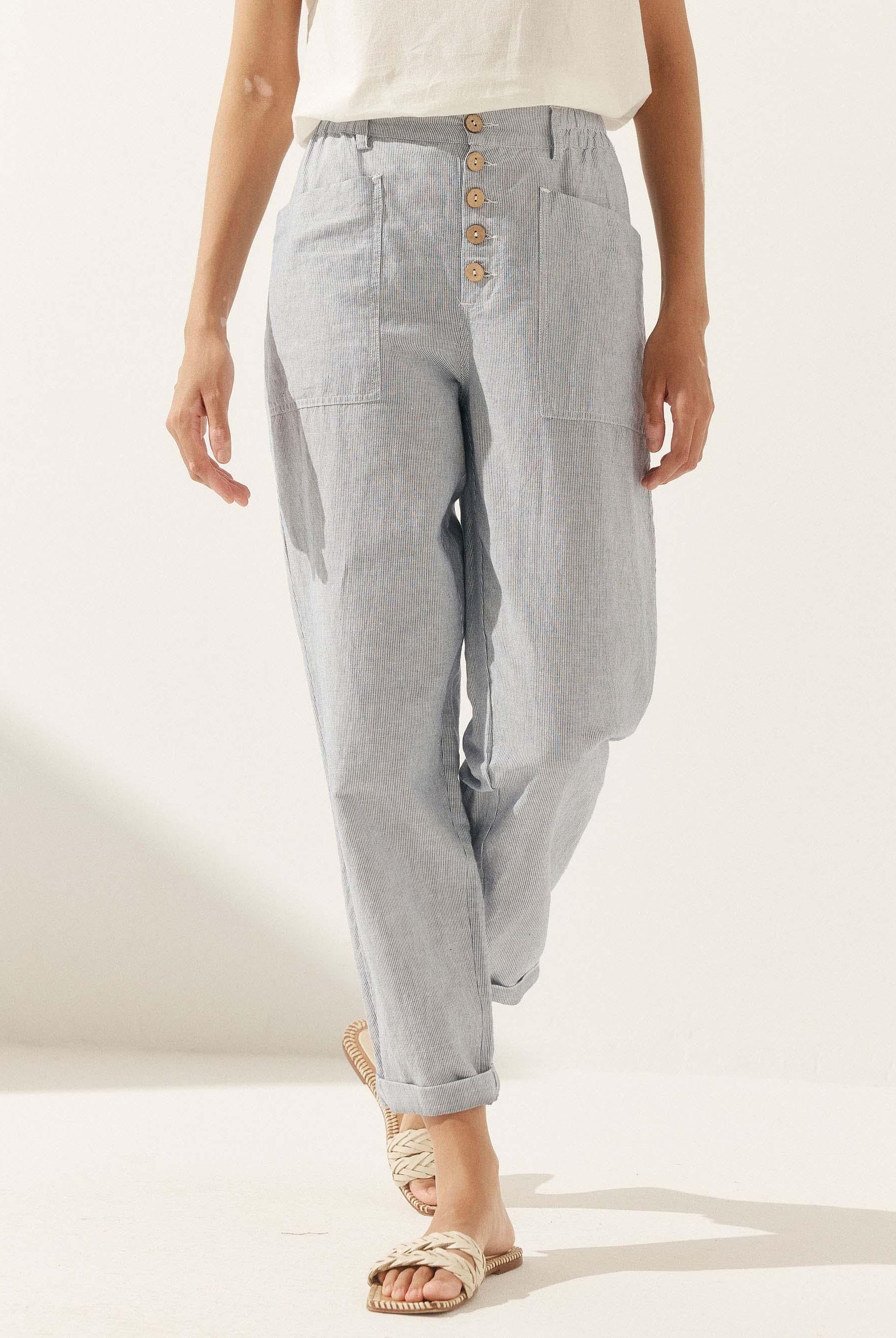 HEIDI Linen Simple Button Fly Trousers - Denim Pinstripe / XS - BOTTOMS-Linen Pants