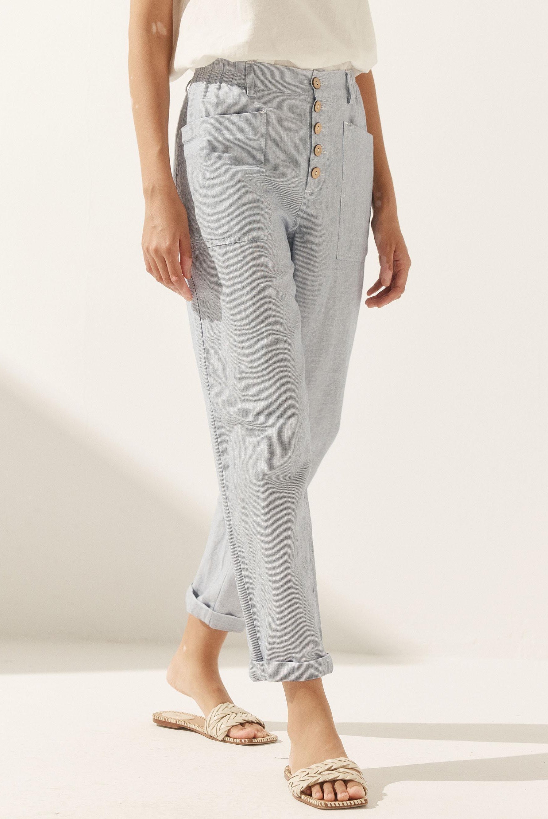 HEIDI Linen Simple Button Fly Trousers - BOTTOMS-Linen Pants