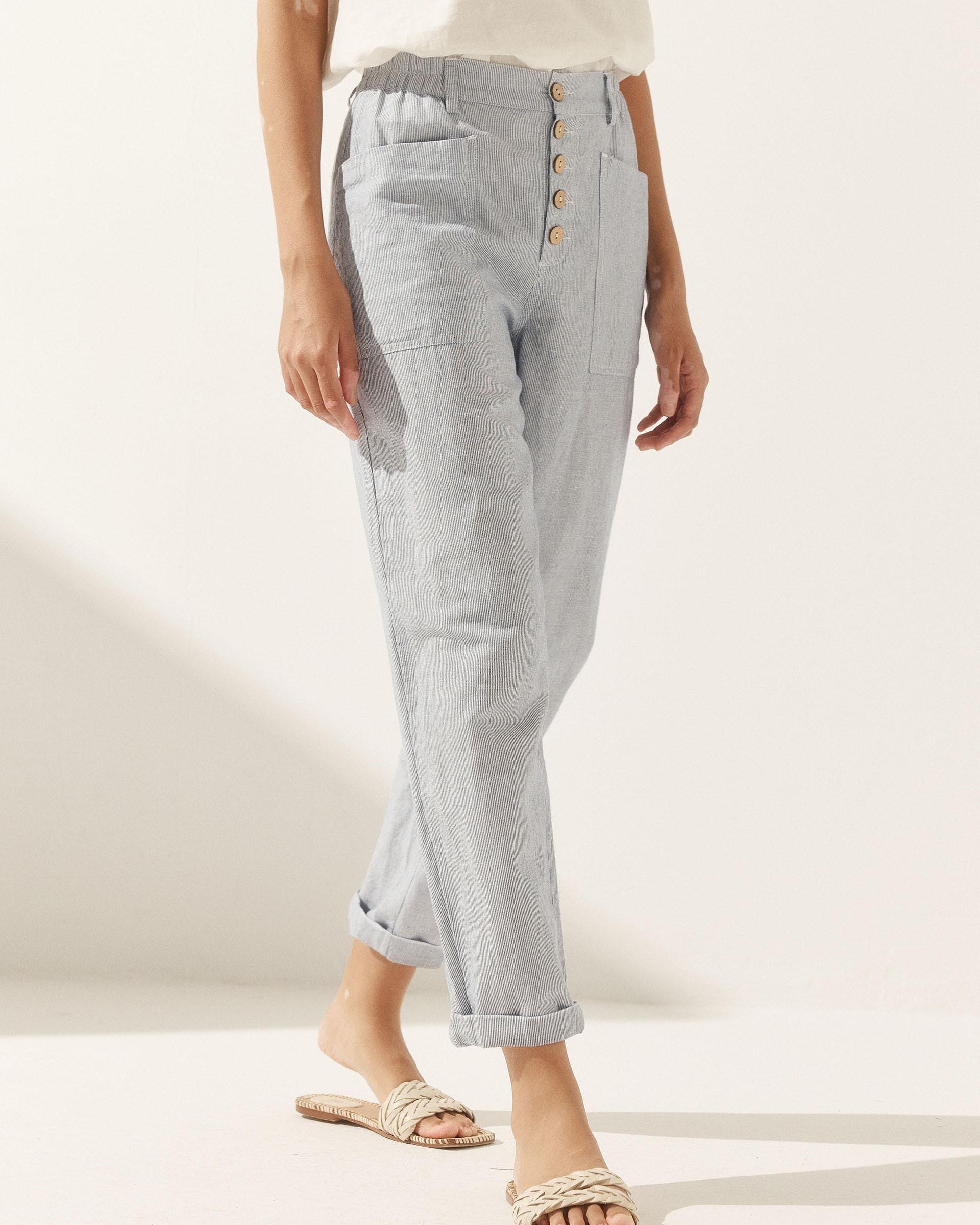 Linen Simple Button Fly Trousers HEIDI - BOTTOMS-Linen Pants