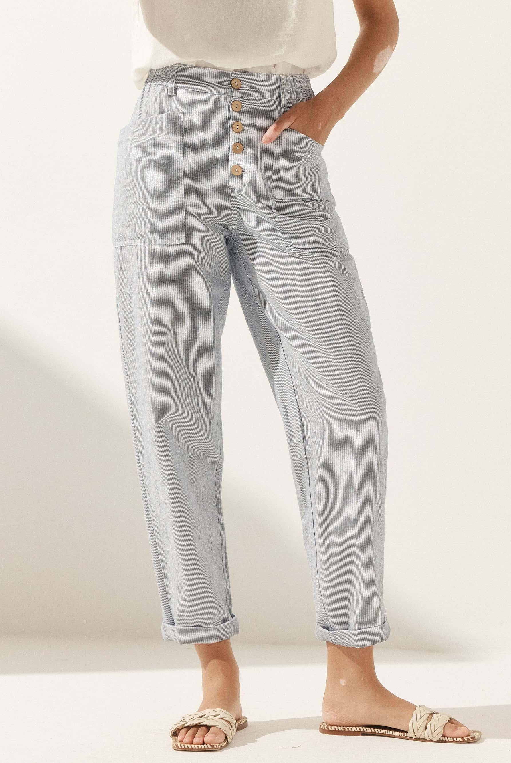 Linen Simple Button Fly Trousers HEIDI - Denim Pinstripe / XS - BOTTOMS-Linen Pants
