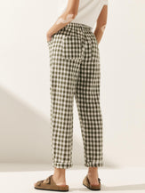Linen Simple Checked Button Fly Trousers - BOTTOMS-Linen Pants