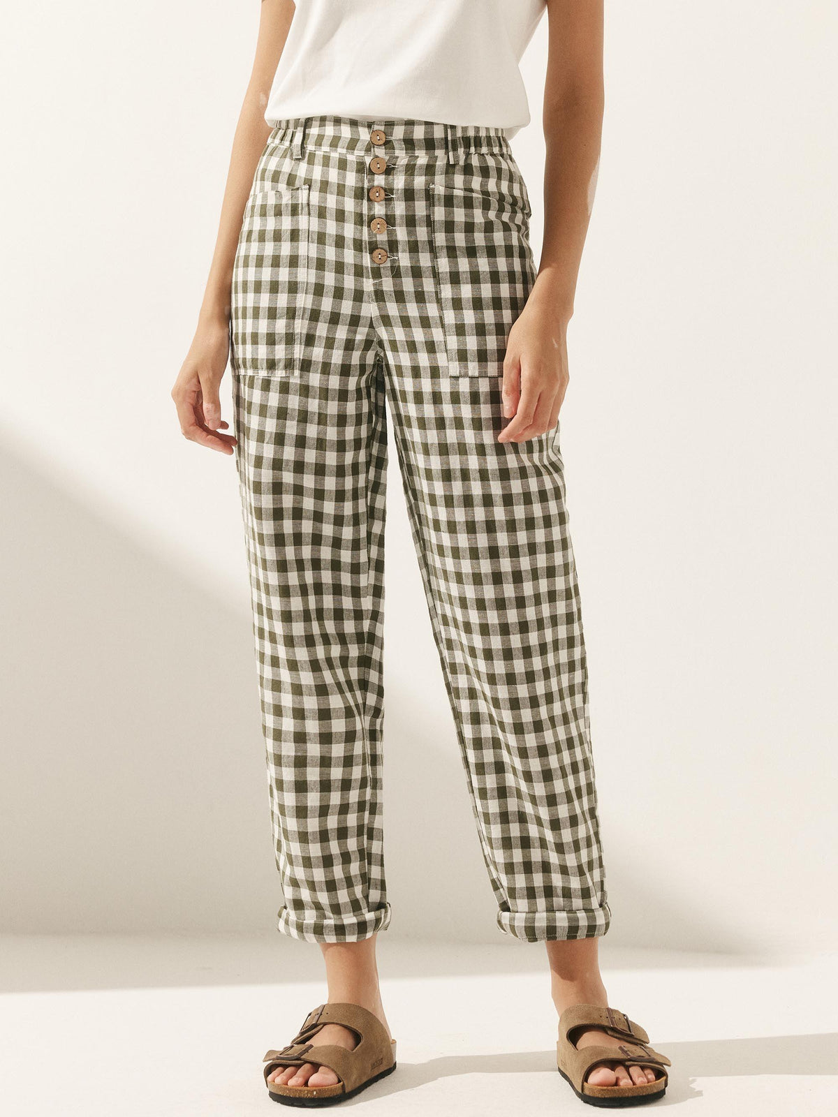 Linen Simple Checked Button Fly Trousers - BOTTOMS-Linen Pants
