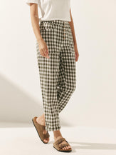 Linen Simple Checked Button Fly Trousers - BOTTOMS-Linen Pants