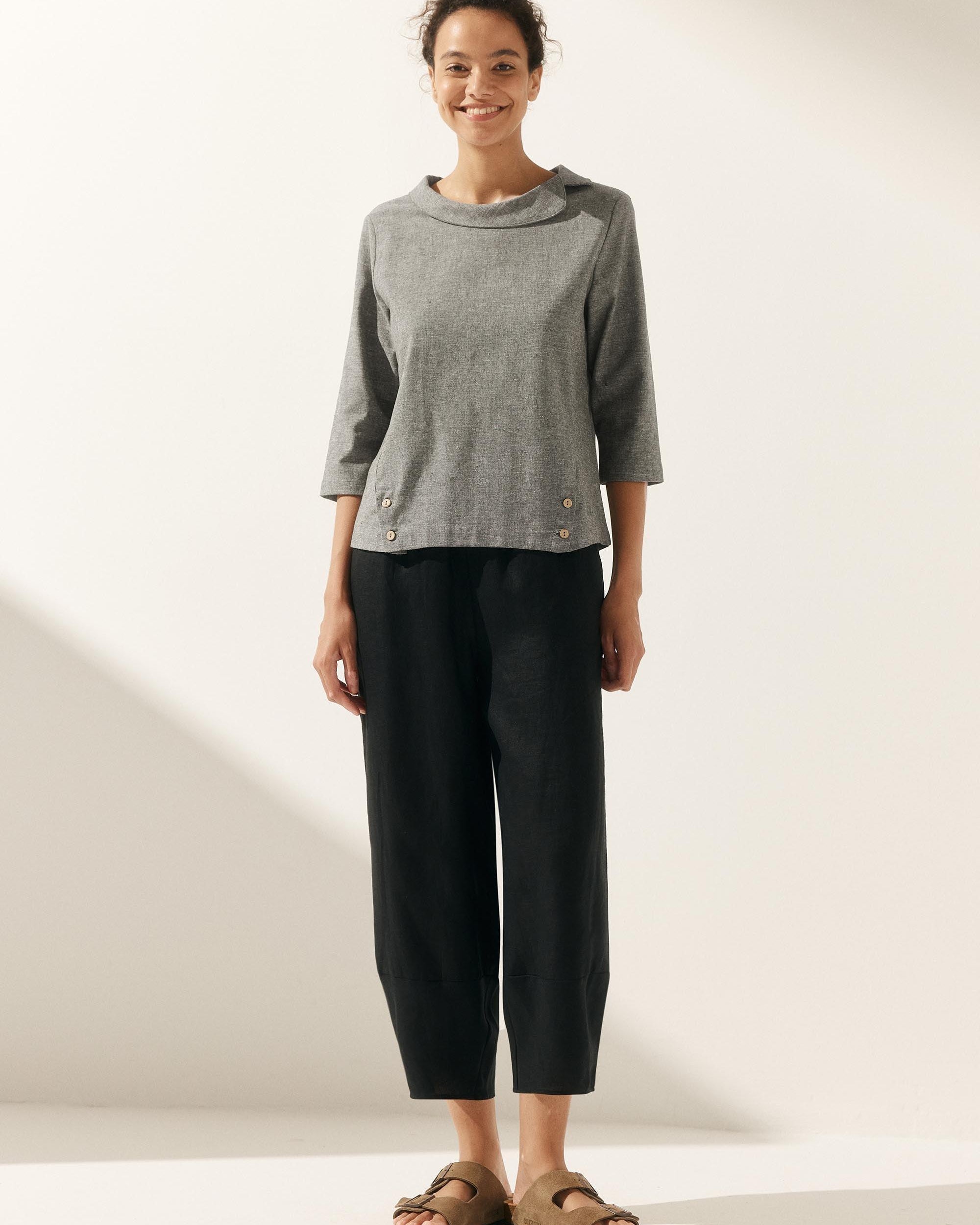 Linen Gingham Checked Round Soft-Fold Collar Top - TOPS-Linen Blouses