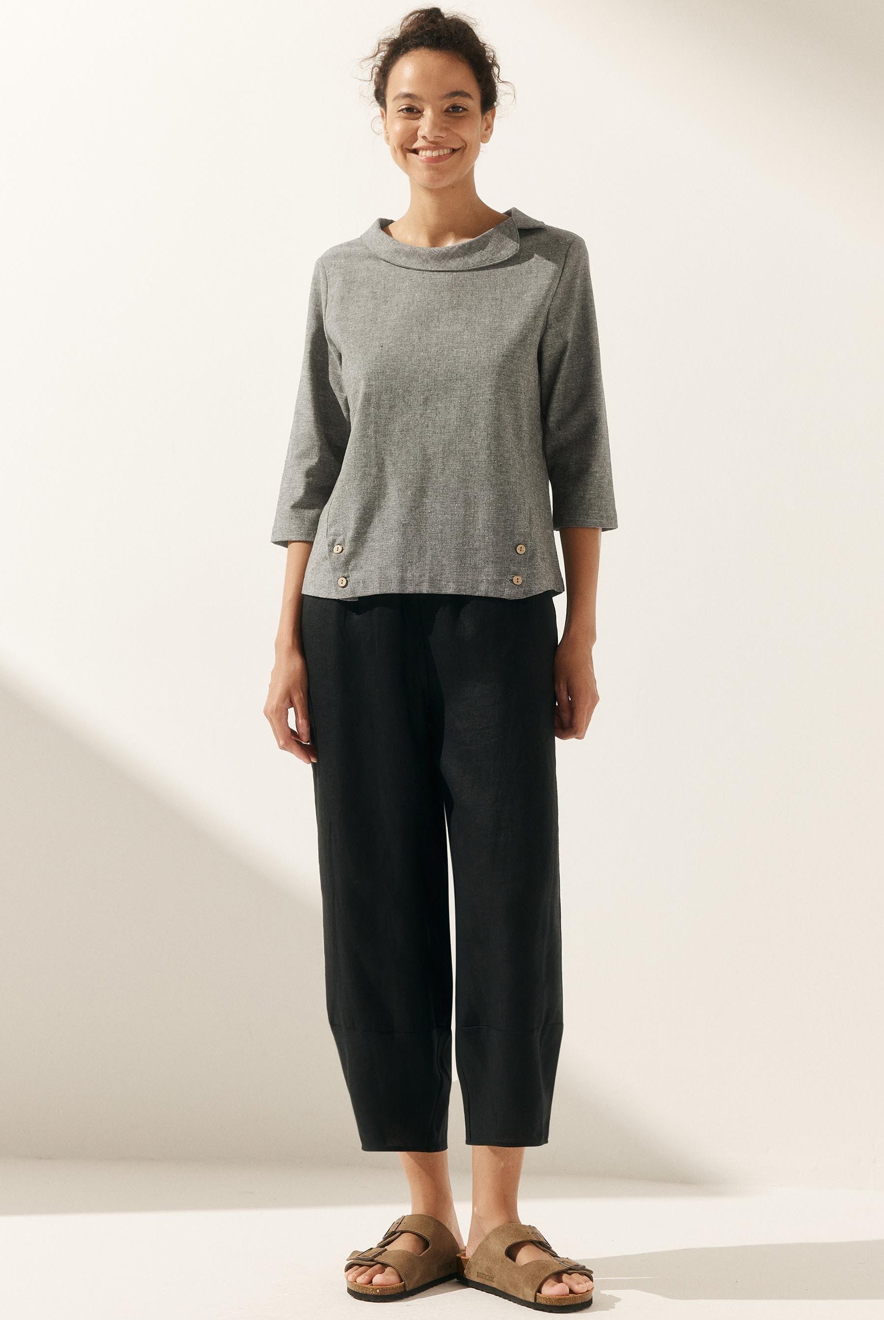 Linen Gingham Checked Round Soft-Fold Collar Top - TOPS-Linen Blouses