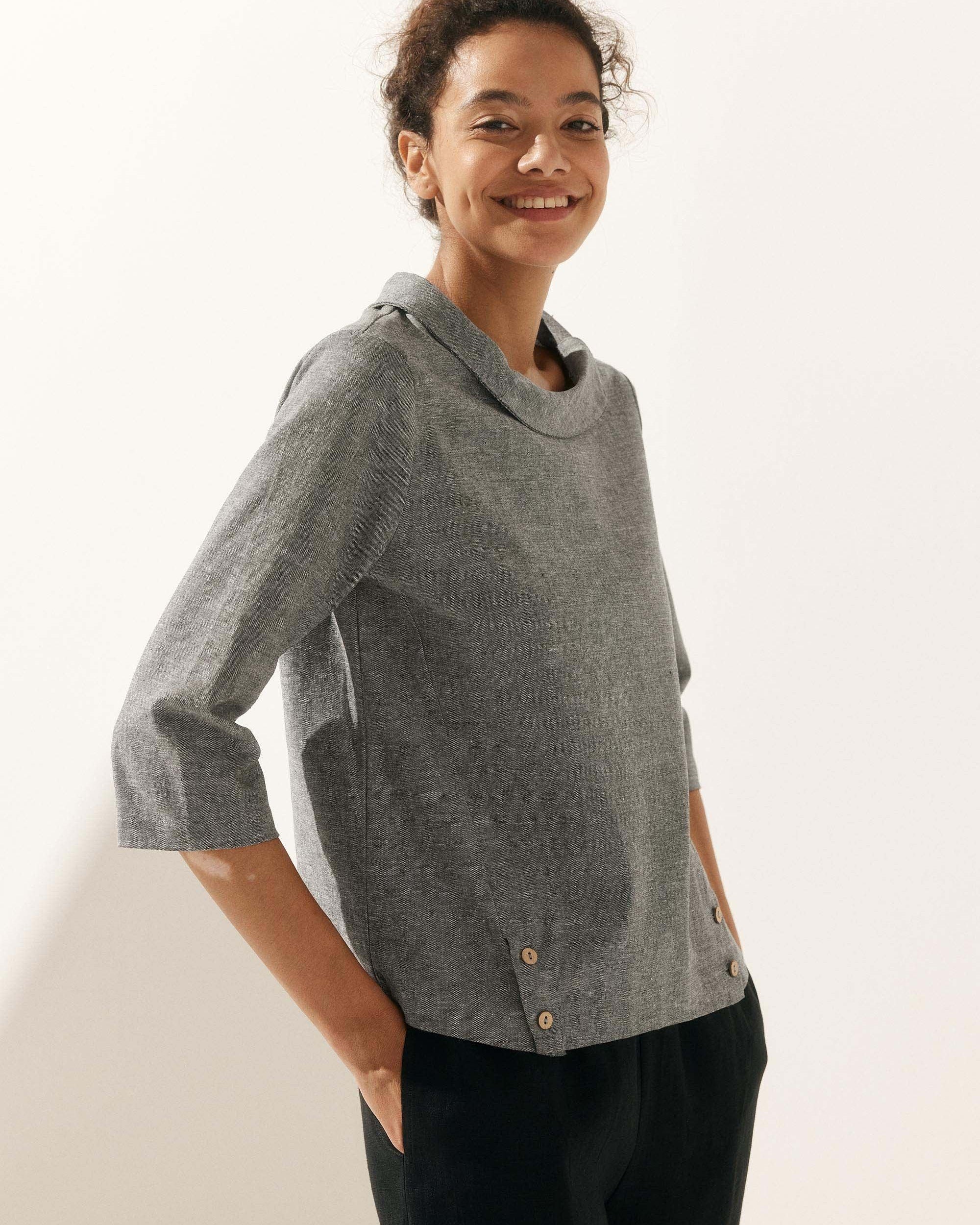 Linen Gingham Checked Round Soft-Fold Collar Top - TOPS-Linen Blouses