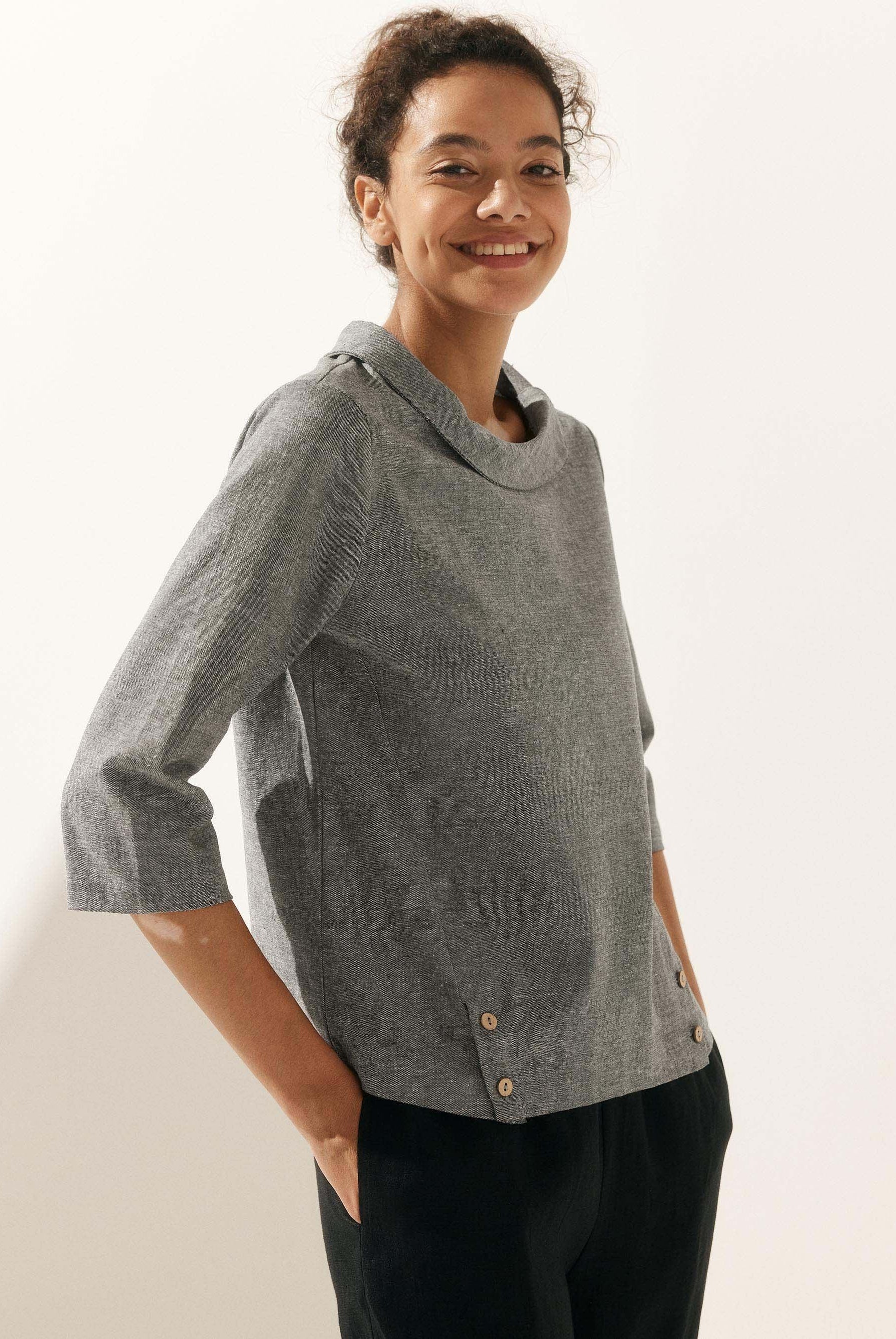 Linen Round Soft-Fold Collar Top ANAIS - TOPS-Linen Blouses