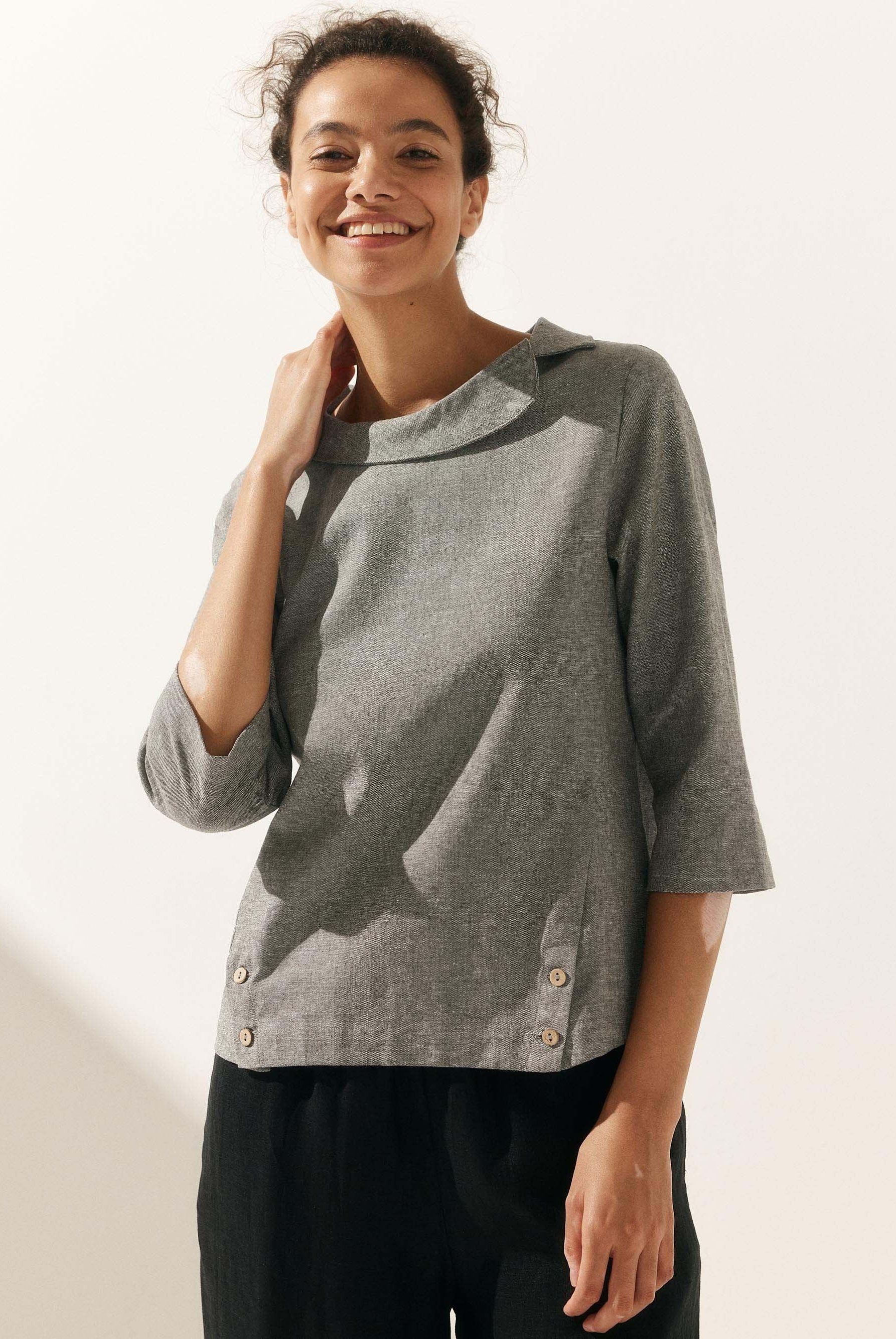 Linen Round Soft-Fold Collar Top ANAIS - TOPS-Linen Blouses