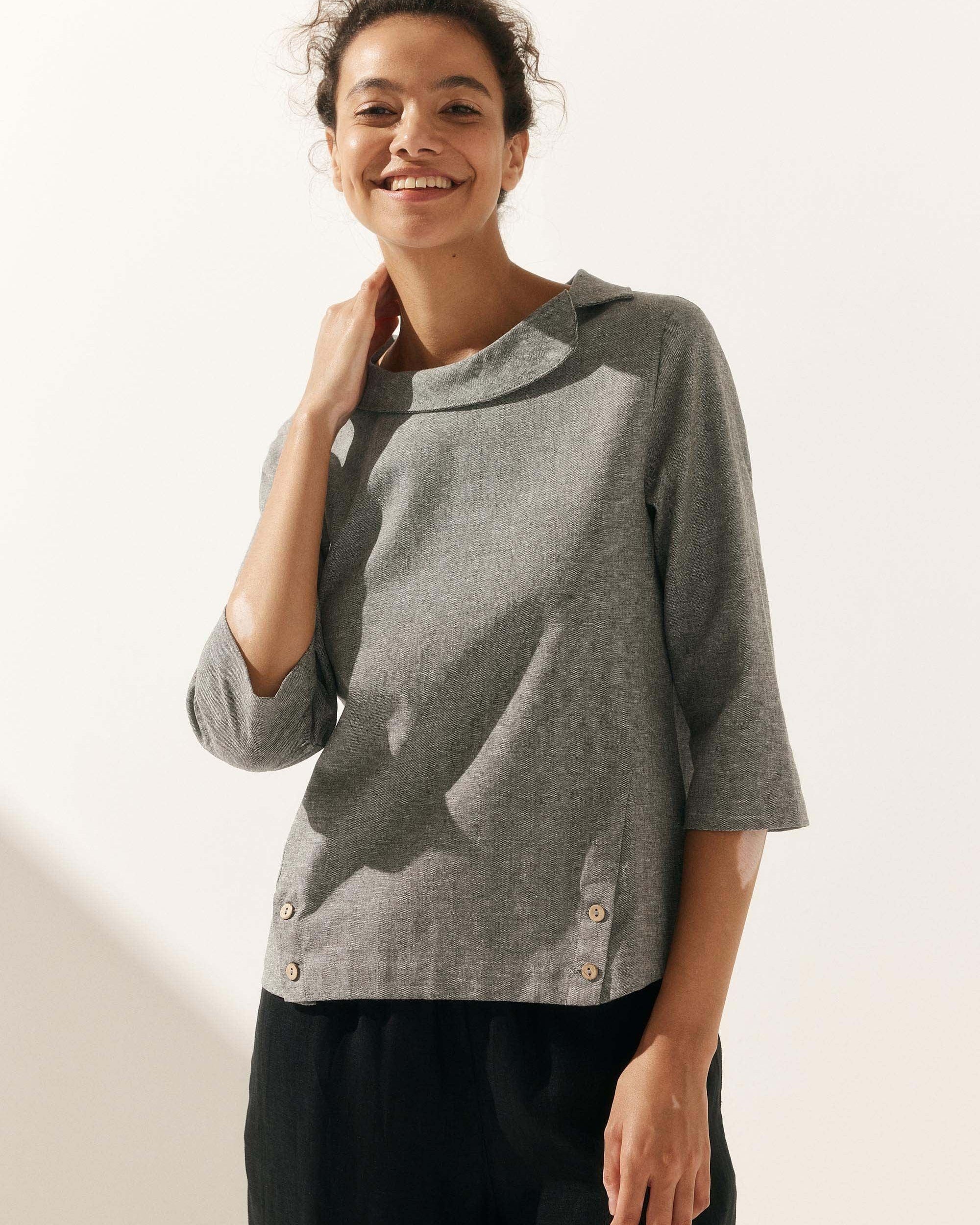 Linen Gingham Checked Round Soft-Fold Collar Top - TOPS-Linen Blouses