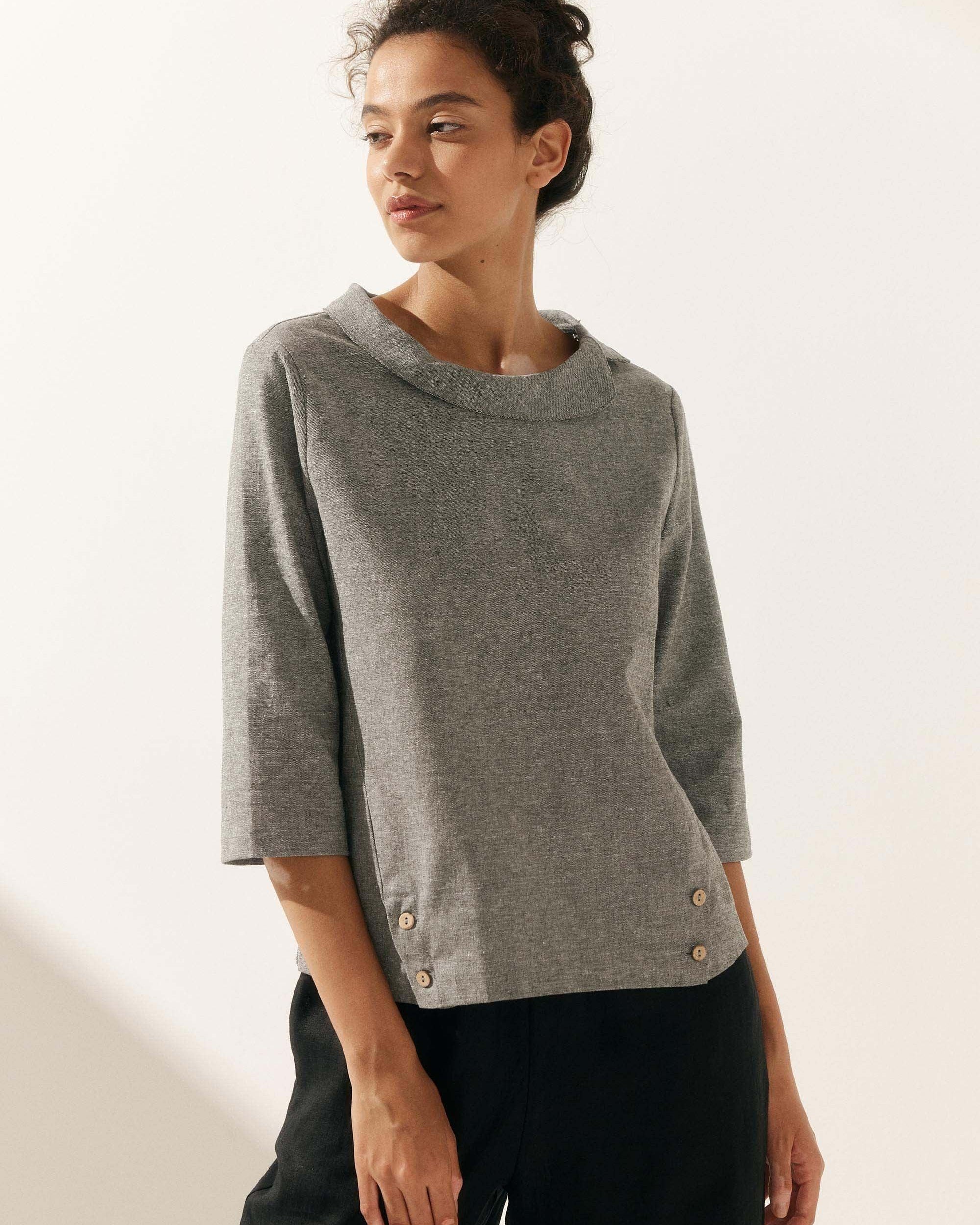 Linen Gingham Checked Round Soft-Fold Collar Top - Neutral Grey / S - TOPS-Linen Blouses