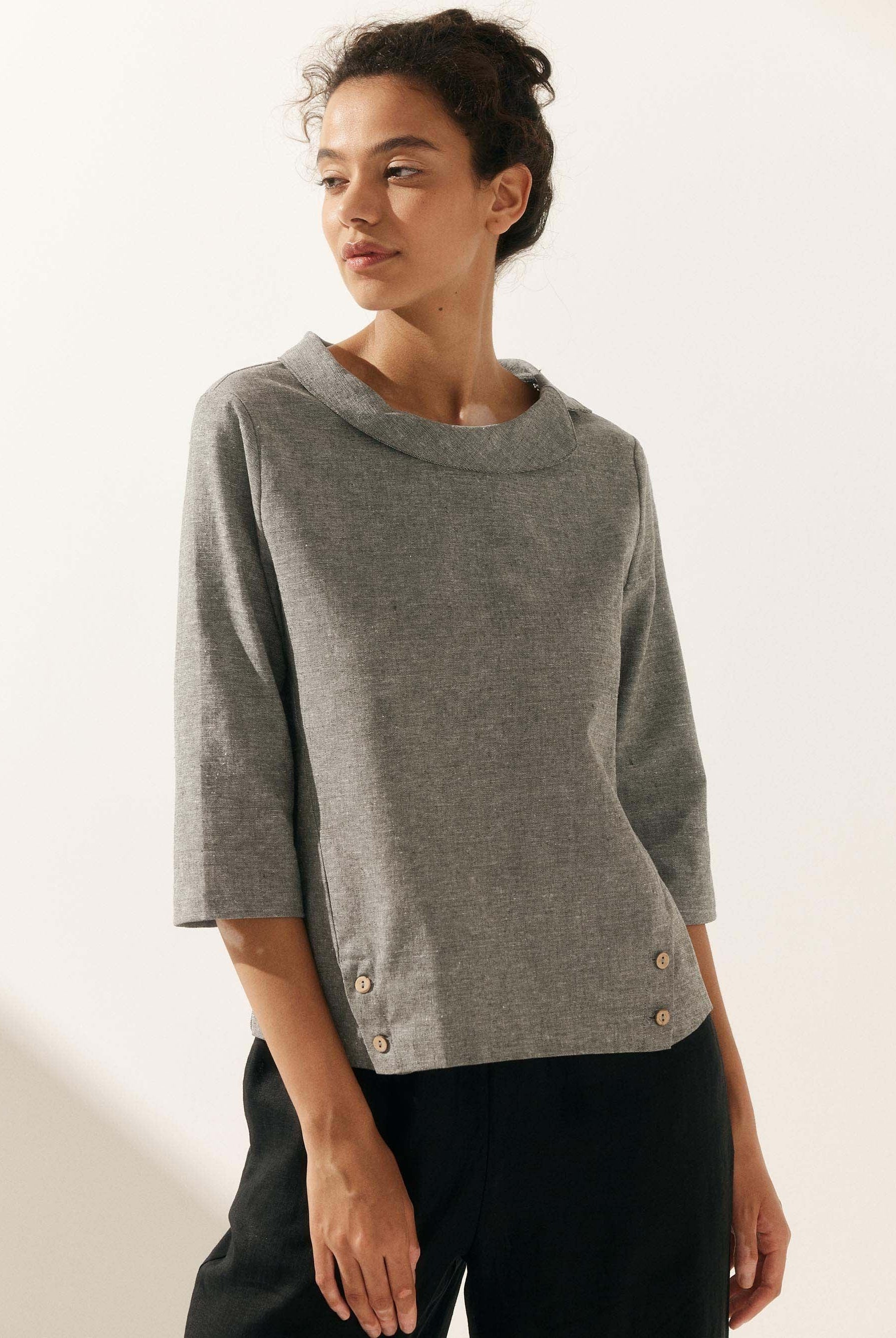 Linen Gingham Checked Round Soft-Fold Collar Top - Neutral Grey / S - TOPS-Linen Blouses